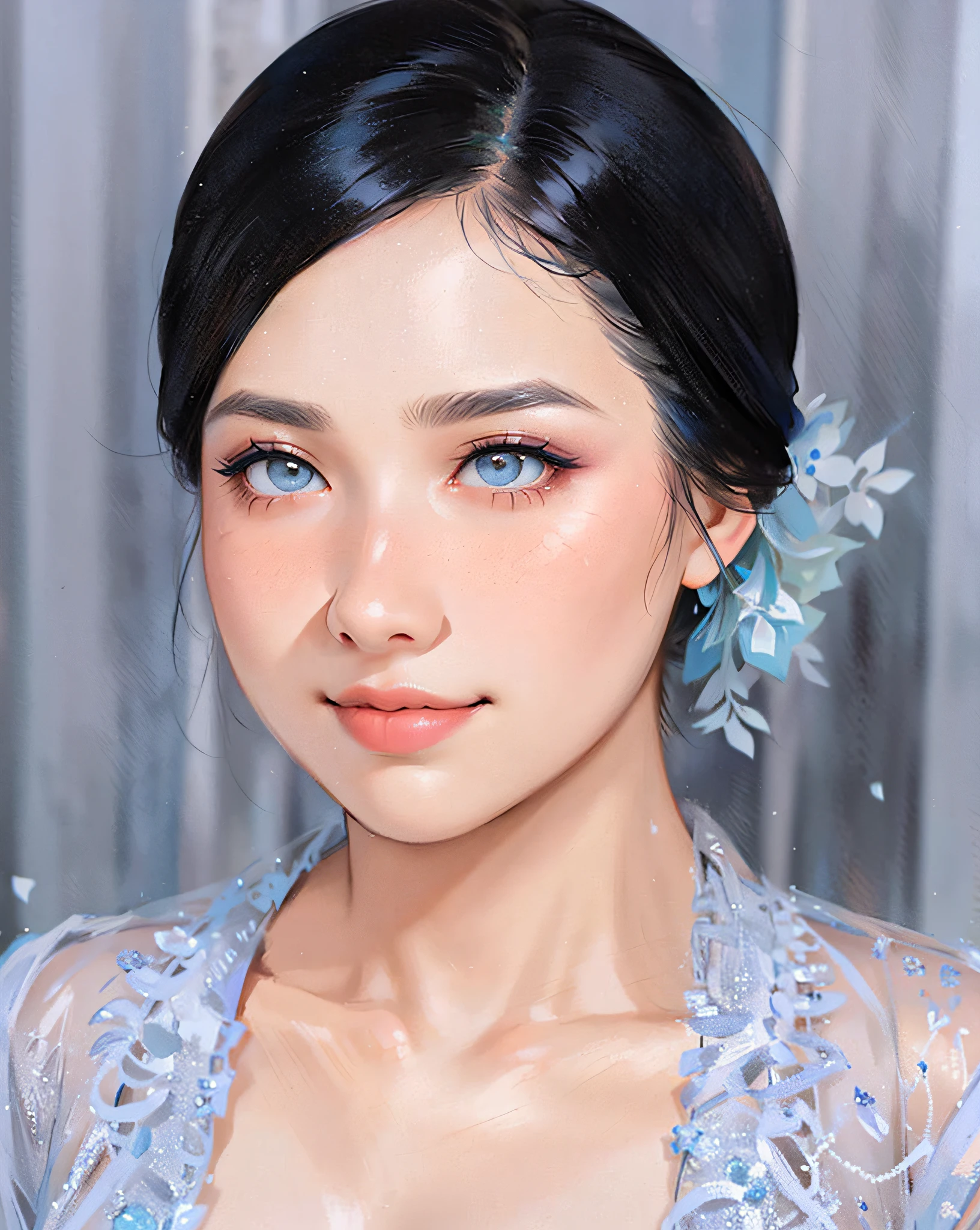 a close up of a woman with a flower in her hair, with professional makeup, grey and blue theme, close up potrait, traditional, bride, blue and grey theme, stunning portrait, traditional art, blue toned, pastel blue, south east asian with round face, traditional makeup, makeup, pastel, semi realism, traditional beauty, bluish and cream tones