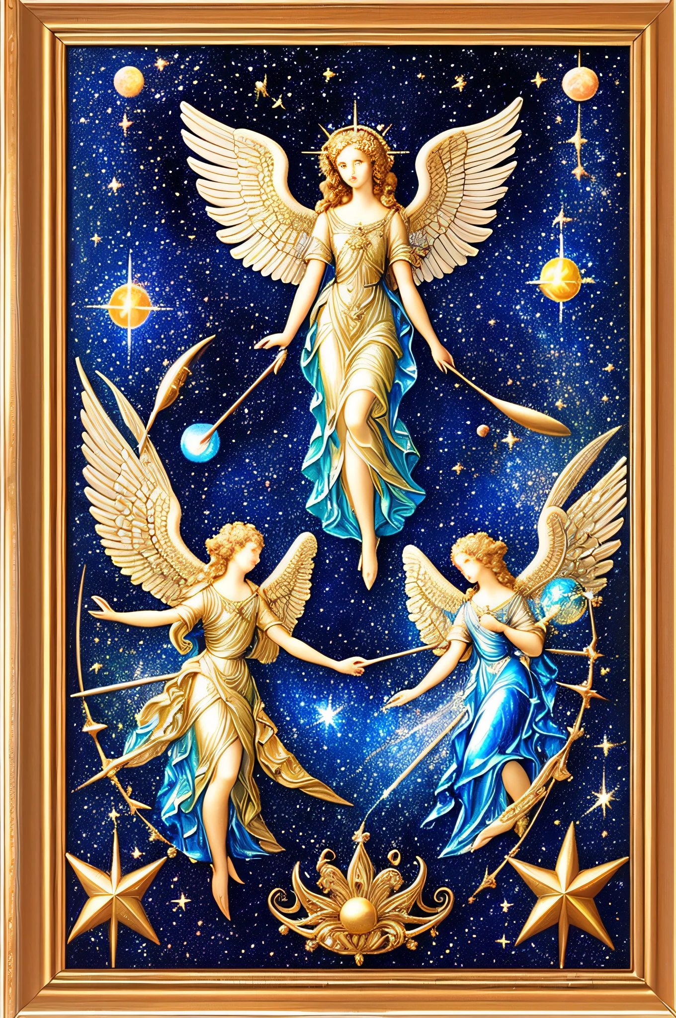 (Masterpiece, top quality, high resolution, absurdity, detail: 1.2), angels, goddesses, wings of angels on the back, look away, beautiful decorative frame, (paint brush, iridescent, holographic: 1.6), (universe, celestial body, planet, star, milky way galaxy)