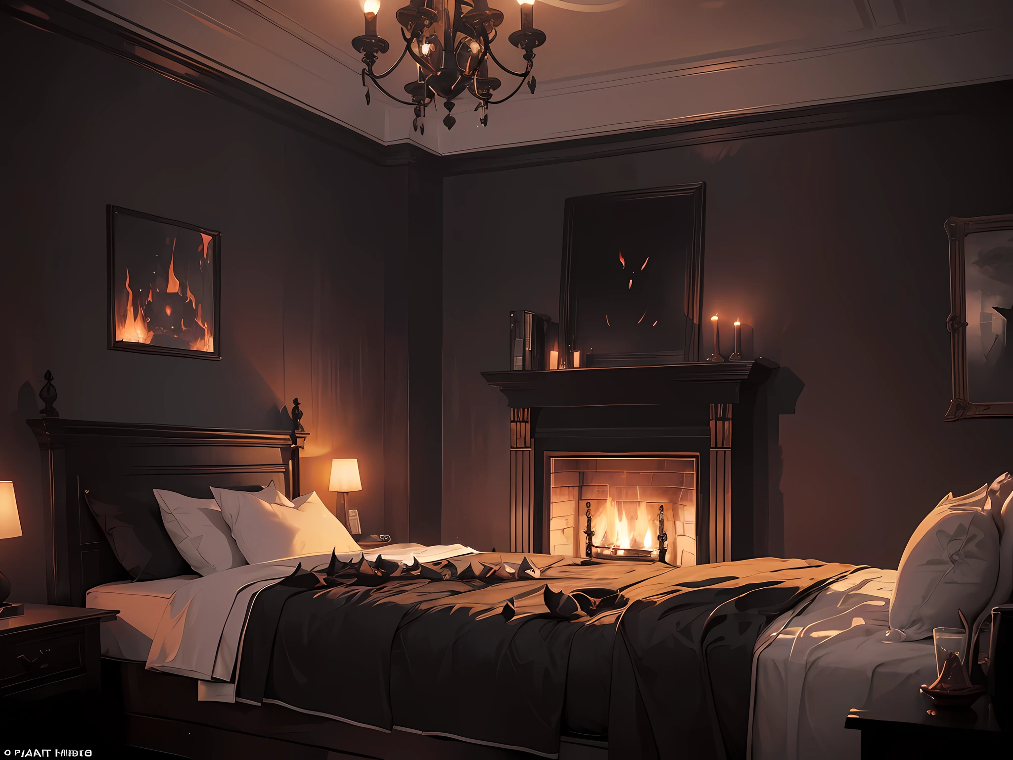((Black smoke and flames gradually spread, filling the bedroom, setting off the dark atmosphere of the night))
