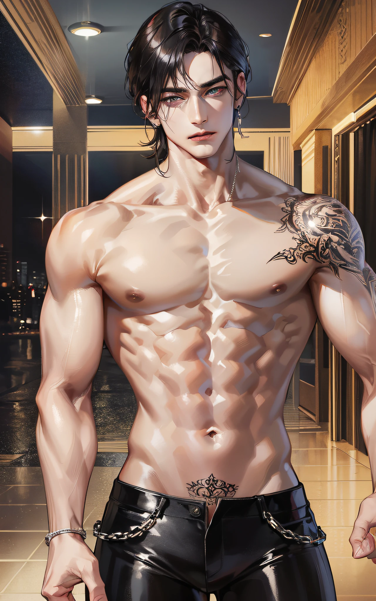 man, masculine, masculine face, attractive, muscular, ((1man)), masterpiece, absurdres, best quality ,intricate details , (shiny skin, shiny body, shiny oily luster skin, shiny hair, pale skintone), Sundown, attractive, ((muscular)), adult, one, tattoo in his chest ,black blouse, earrings, black pants, Don't look at the view , Not looking at the view, red short hair, perfect detailed face, perfect detailed hands, vampire, blue eyes, ((MLS)), medium large shoot
