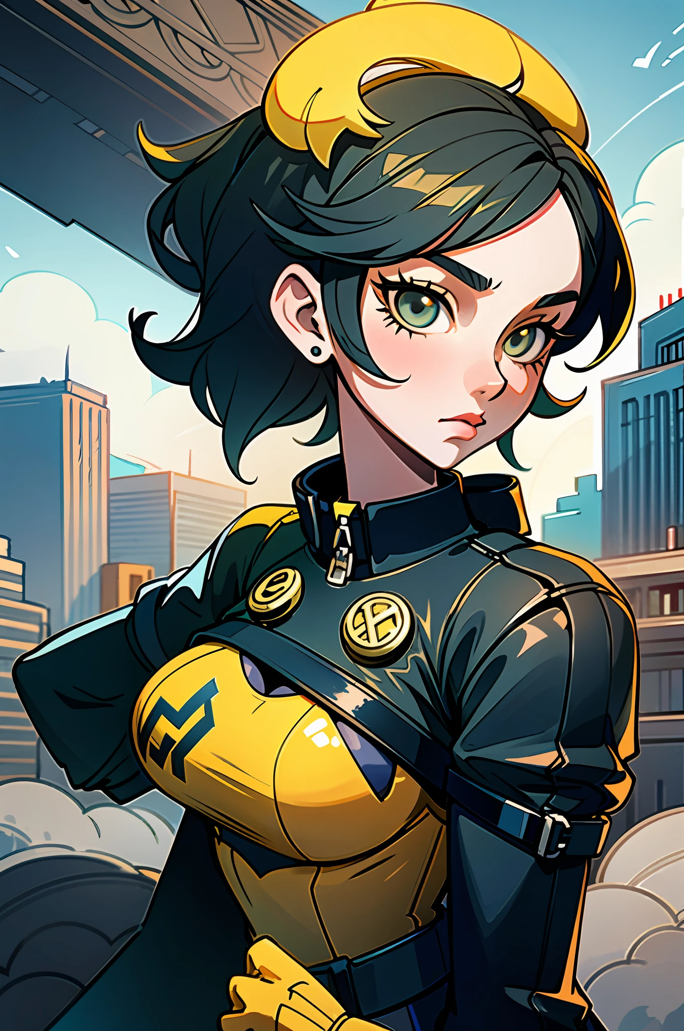 (best quality, masterpiece), yellow and black, 1girl, cloudy sky, (cartoon: 1.5), sexy, big breast, a monstrous creature behind her, persona 5 style, shin megami tensei style, city background