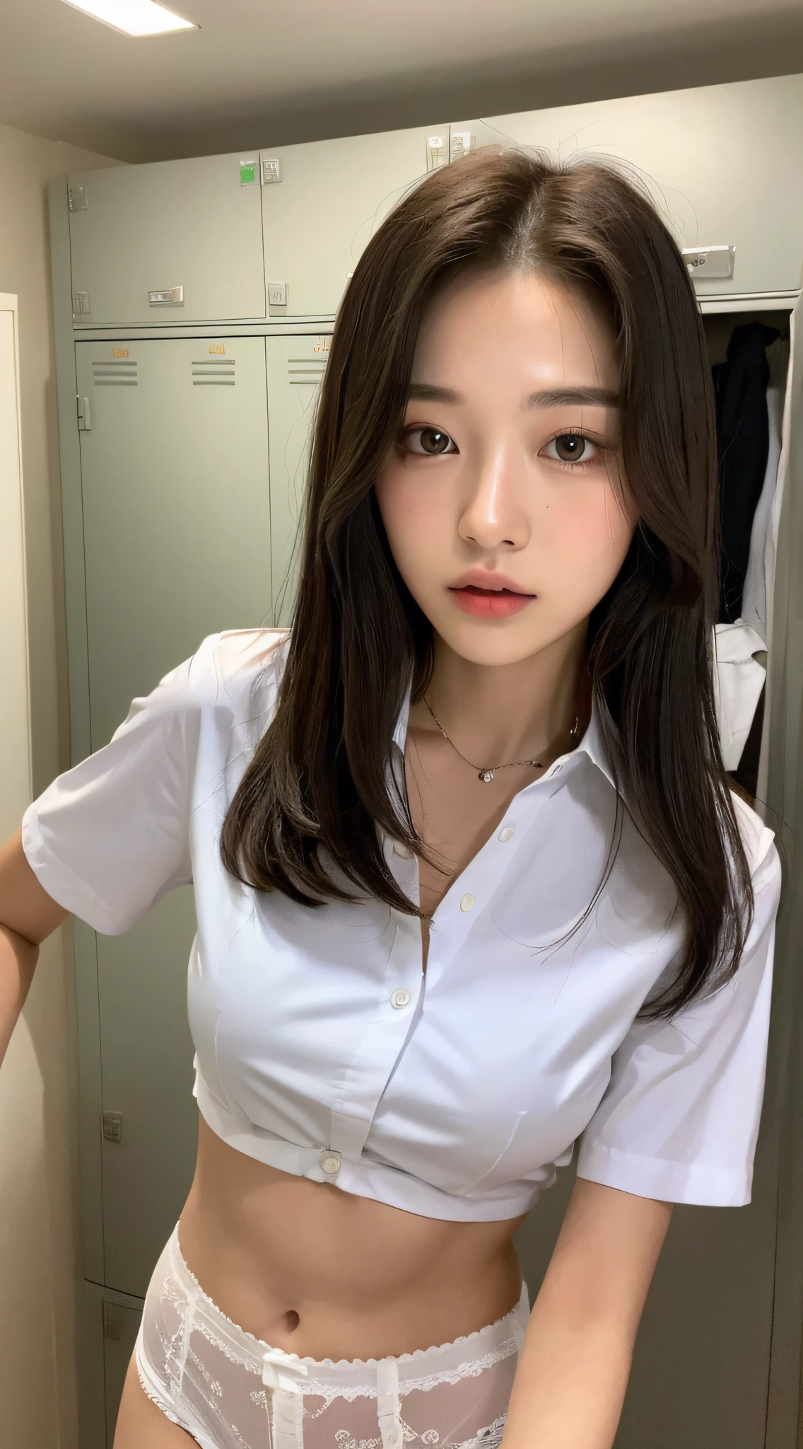 ((top quality, 8k, masterpiece: 1.3)), 1 woman, slender underwear highlighted beautiful girl: 1.3, (hairstyle very short, big: 1.2), uniform: 1.2, indoors, ultra-detailed face, detailed eyes, double eyelids, Japan person, black eyes, changing room, in the middle of changing, locker room, dressing room, white cotton underwear, shirt buttons are all unbuttoned,