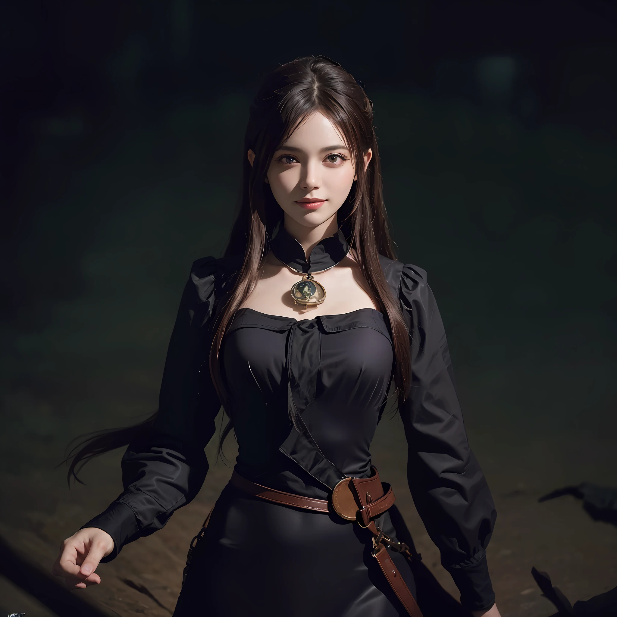 (front focus), (in the dark:1.6), Hyperrealist portrait of female by david hockney and alphonse mucha, fantasy art, photo realistic, dynamic lighting, artstation, poster, volumetric lighting, very detailed faces, 4 k, award winning, 1girl, in the dark, deep shadow, low key, cowboy shot, (official clothing:1.4), long hair, white hair, smile, ultra detailed skin,
