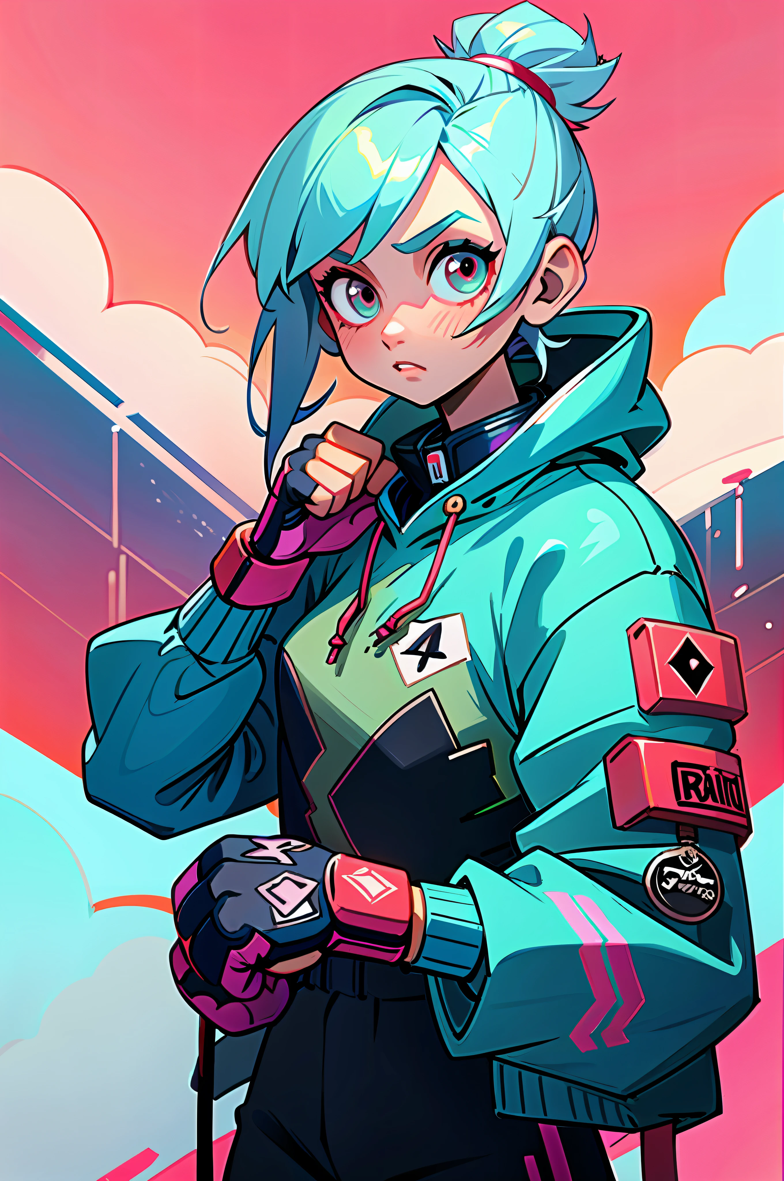 (Best Quality, Masterpiece), 1Girl, Cyberpunk, Sweatshirt, Neon, Cloudy Sky, (Cartoon: 1), metallic boxing gloves