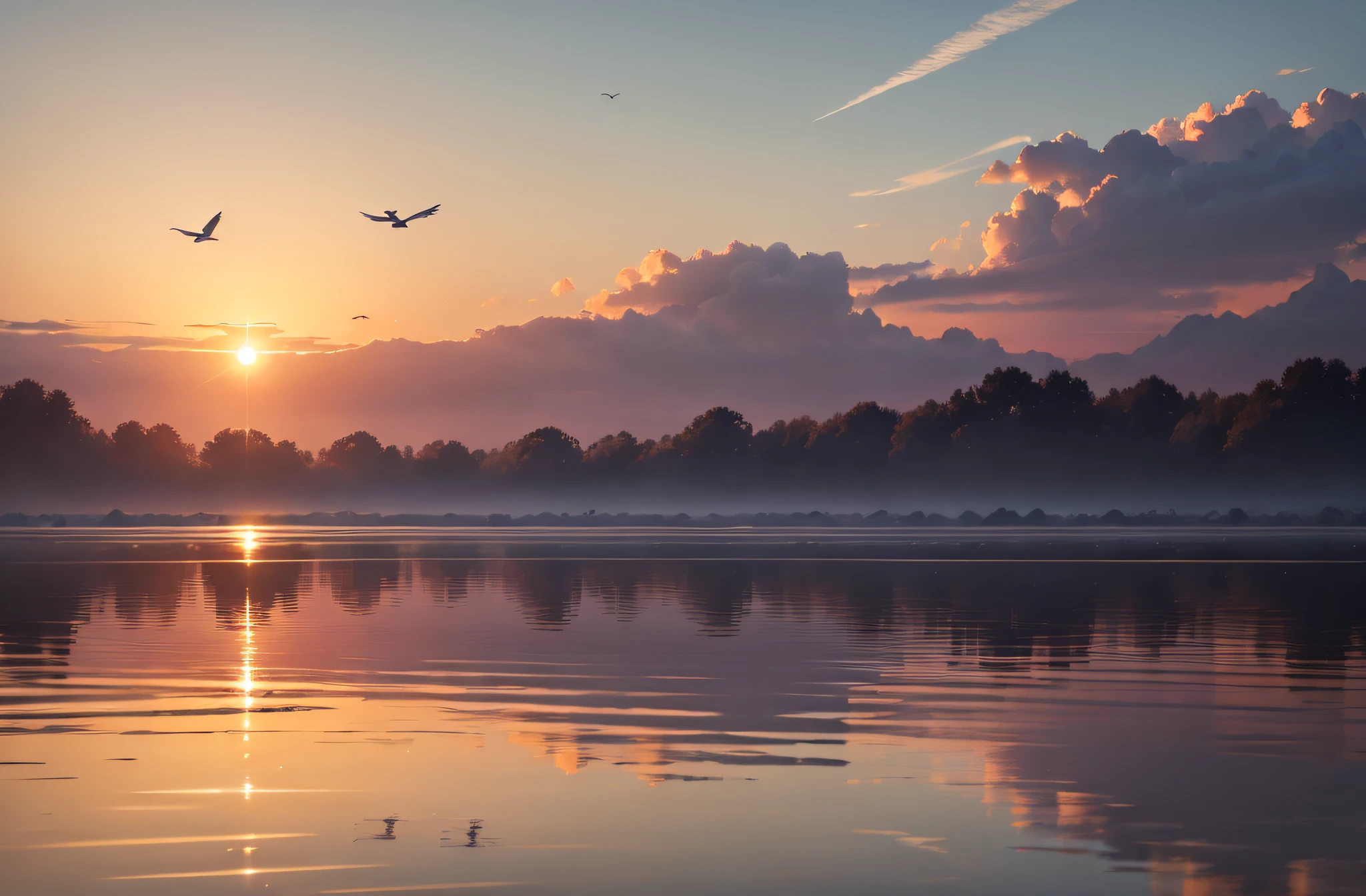 sun rises, distant birds in the sky