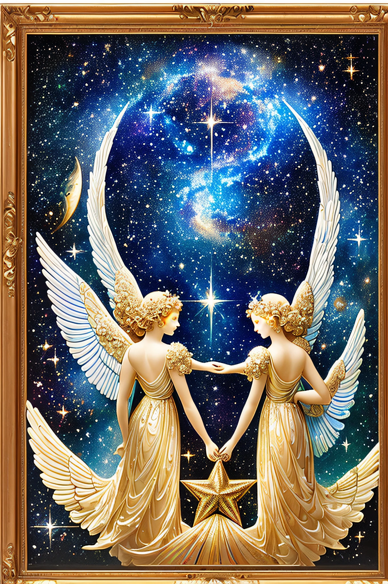 (masterpiece, highest quality, high resolution, absurdity, detail: 1.2), angels, goddesses, symmetrical angel wings growing on the back, looking away, beautiful decorative frame, (paint brush, iridescent, holographic: 1.6), (universe, celestial body, planet, star, milky way)