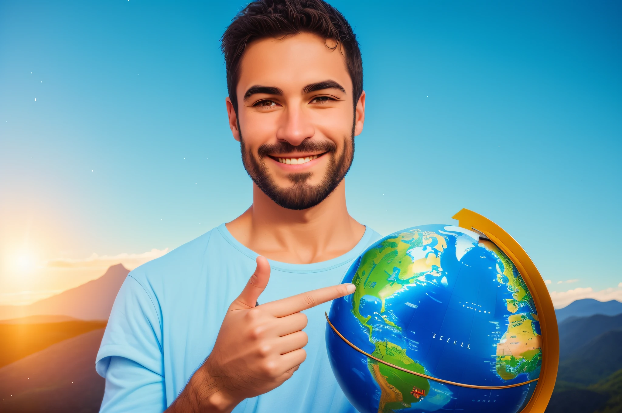 man pointing to a globe with a smile on his face, with the earth, is holding a tiny planet earth, holding a miniature earth, young Brazilian, tourist destination, beginner, holding a planet, small, attractive and good-looking globe, attractive man, with the earth in the background, by Kurt Roesch, photo taken, cool look