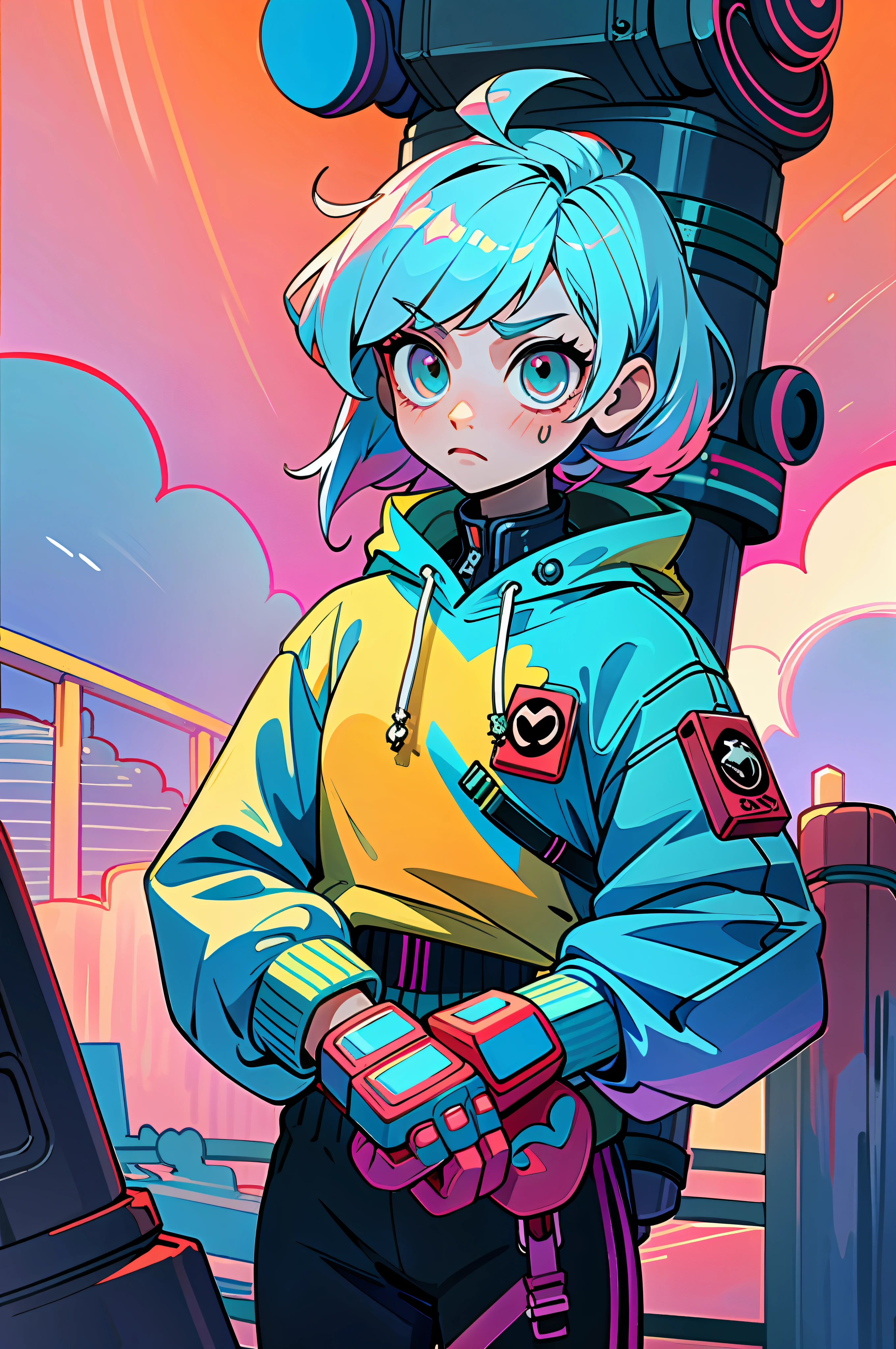 (Best Quality, Masterpiece), 1Girl, Cyberpunk, Sweatshirt, Neon, Cloudy Sky, (Cartoon: 1), metallic boxing gloves