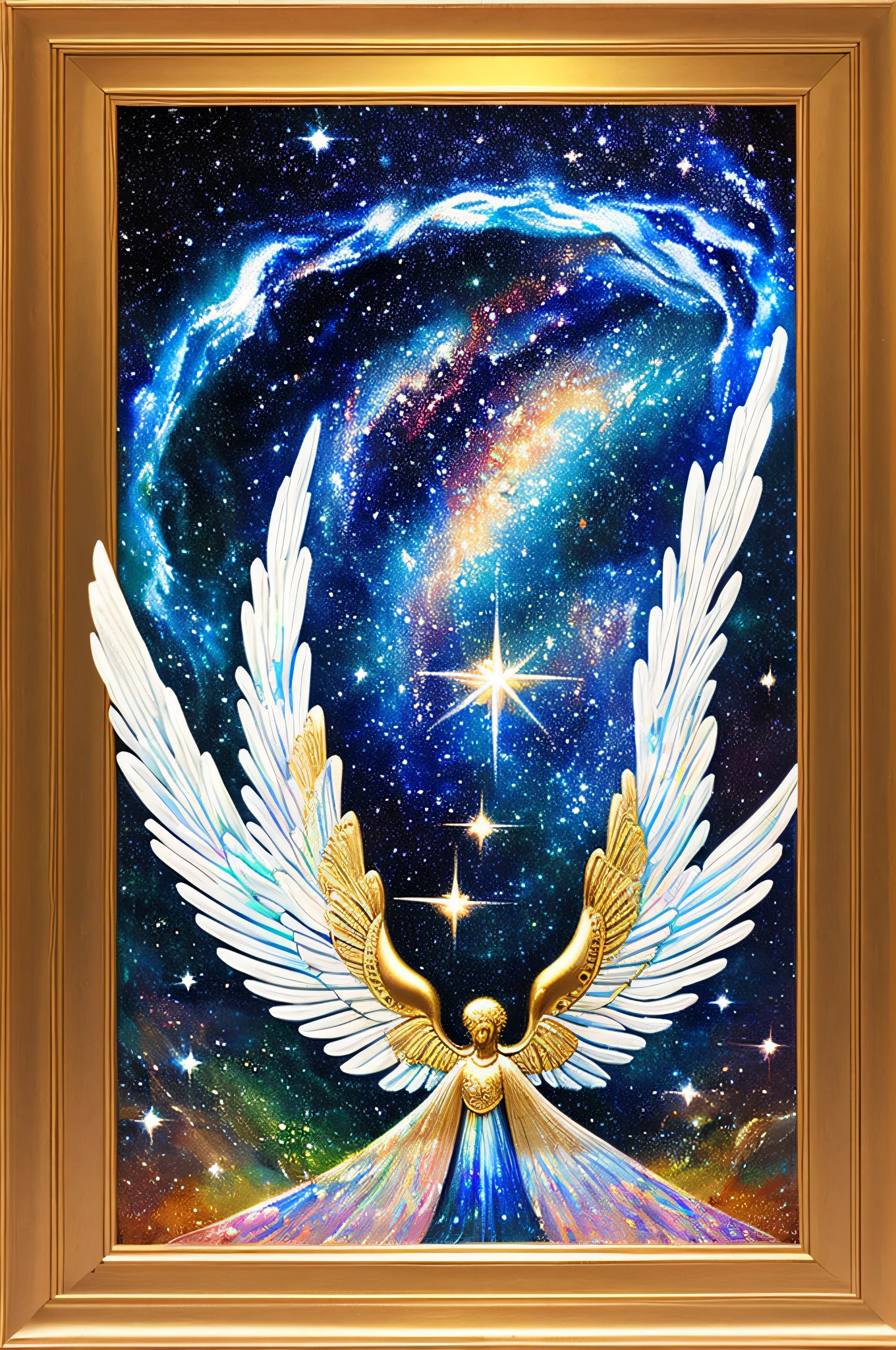 (masterpiece, highest quality, high resolution, absurdity, detail: 1.2), angels, goddesses, symmetrical angel wings growing on the back, looking away, beautiful decorative frame, (paint brush, iridescent, holographic: 1.6), (universe, celestial body, planet, star, milky way)