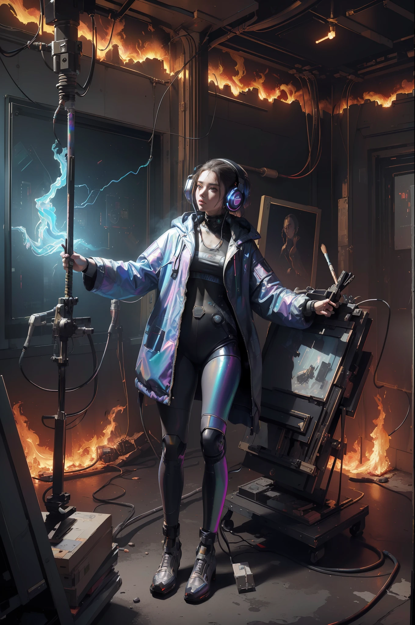 (masterpiece, best quality, highres, absurdres, detailed:1.2), humanoid, robot, wearing headphones, looking away, (cyberpunk, art canvas, paint brush, easel, iridescent, holographic: 1.6), (cables, wires, flames, fire, smoke, overheat, explosion, indoors, room, simple background)