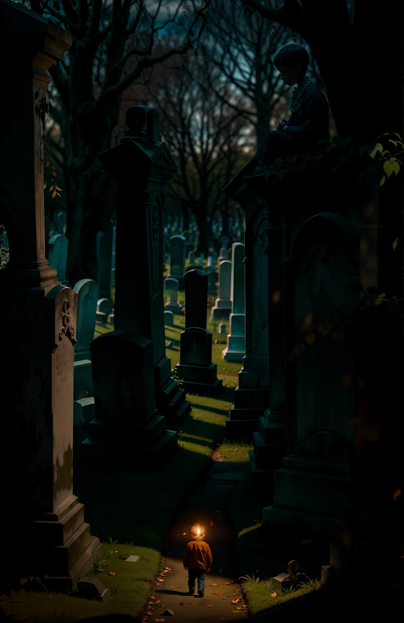 Imagine a lost child in the middle of a scary cemetery