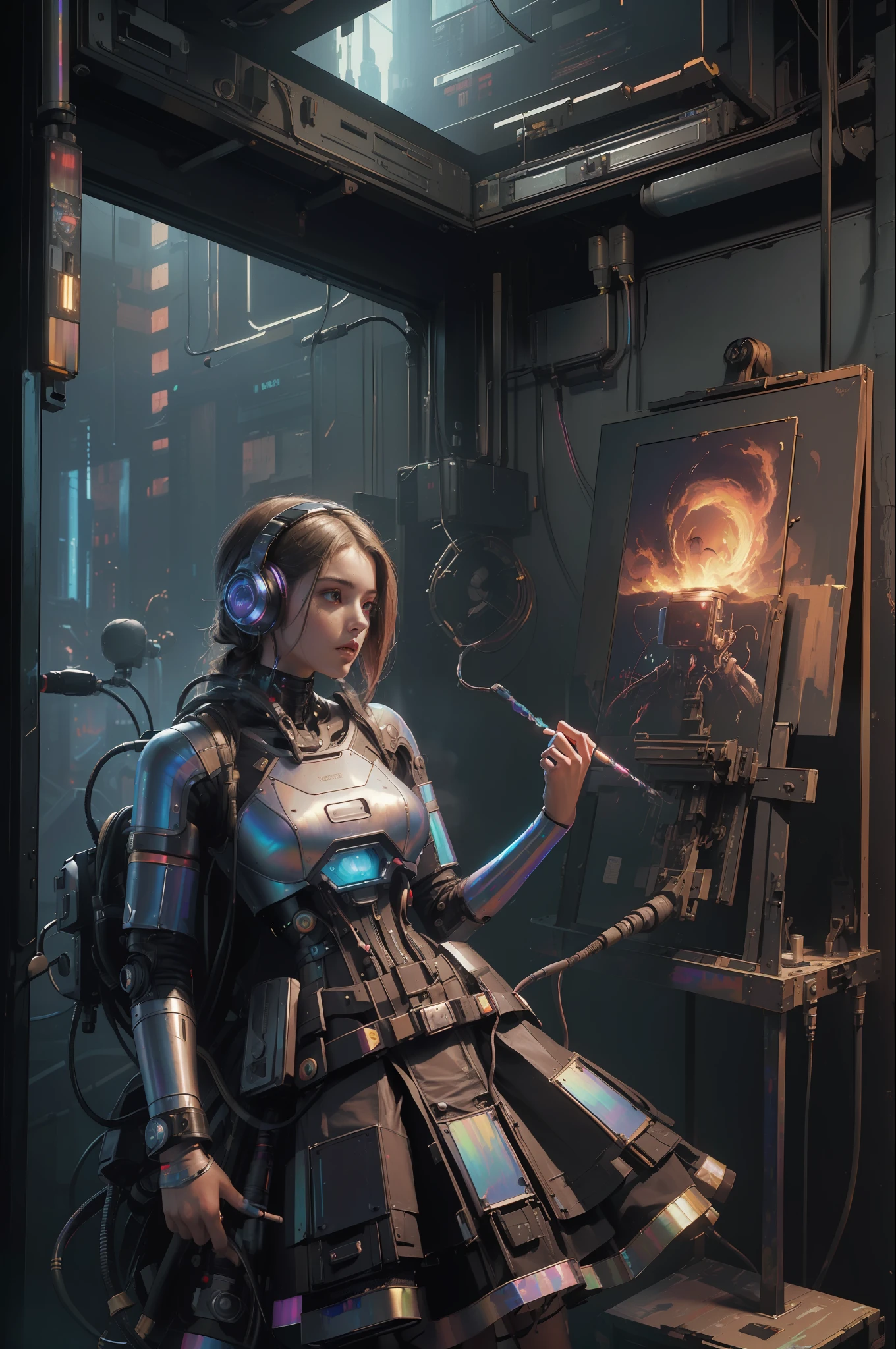 (masterpiece, best quality, highres, absurdres, detailed:1.2), humanoid, robot, wearing headphones, looking away, (cyberpunk, art canvas, paint brush, easel, iridescent, holographic: 1.6), (cables, wires, flames, fire, smoke, overheat, explosion, indoors, room, simple background)