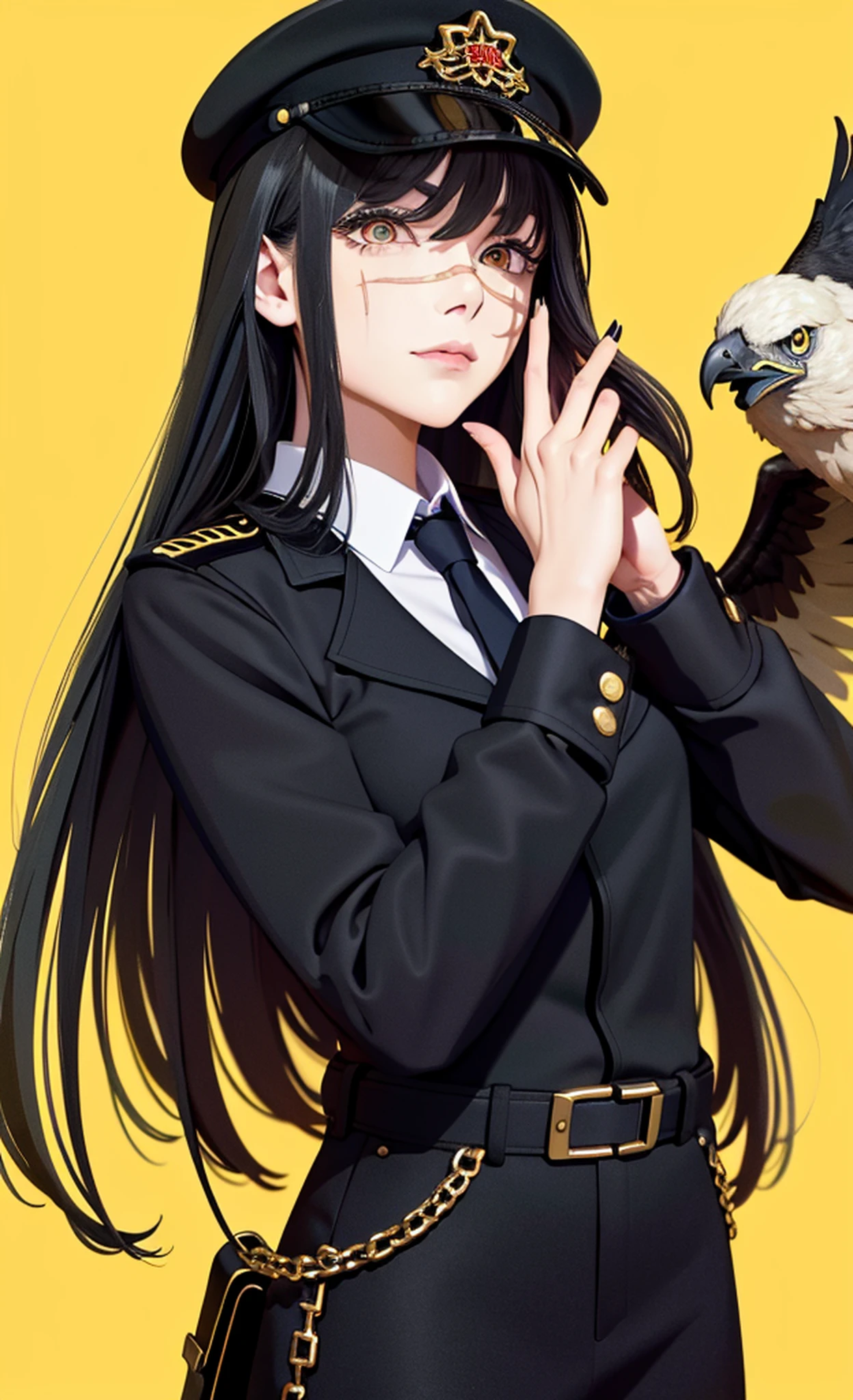 (masterpiece, best quality: 1.2), Solo, 1girl, Yoru \(Chainsaw Man\), evil look, looking at the viewer, yellow eyes, long hair, completely black hair, reference to clothing of a German WWII general, black long sleeves (best quality), scar on face, beautiful eyes, has only 2 arms, has war medals on his clothes,  Black military cap with a golden eagle, (wallpaper), (8K HD), (8K HD), golden shoulder pads,