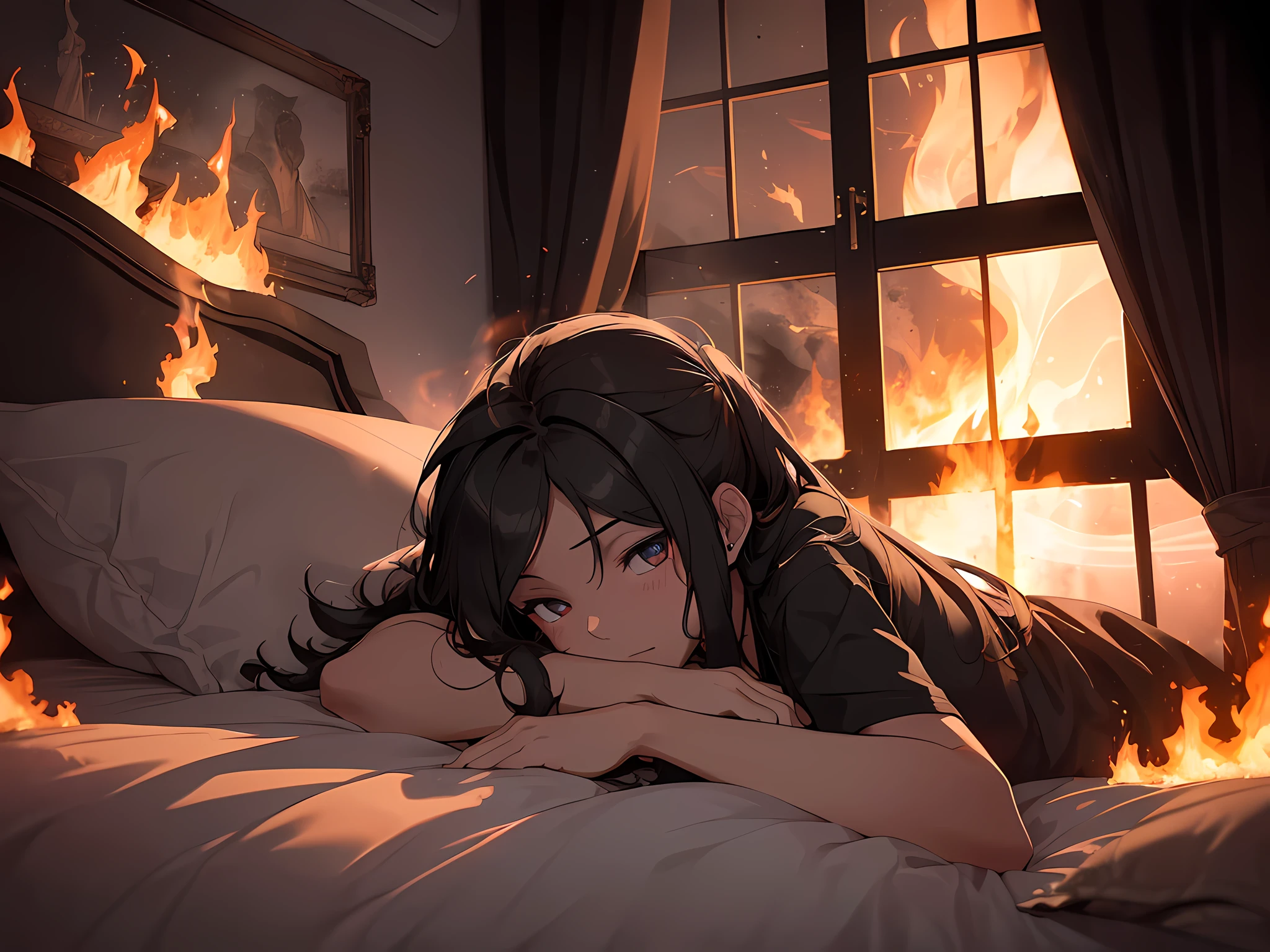 ((Black smoke and flames gradually spread, filling the bedroom, burning the sheets to set off the dark atmosphere of the night)