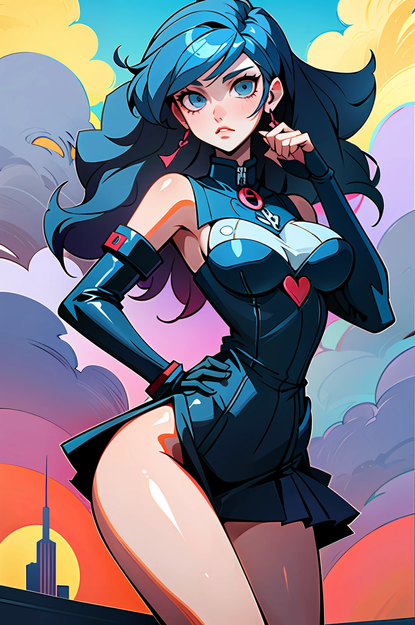 (best quality, masterpiece), colored, 1girl, cloudy sky, (cartoon: 1.5), sexy, big breast, a mythologic entity behind her, persona 5 style, shin megami tensei style, city background