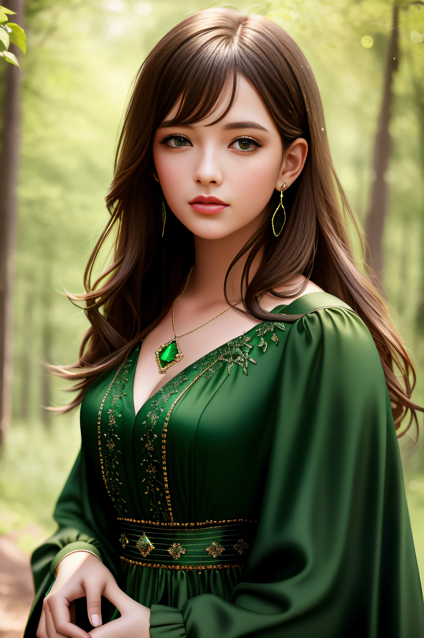 young woman with green eyes and long beautiful hair and a green dress in the woods, art by Abbott Handerson Thayer, fine detail, atmospheric, vivid tones, sharp focus, sharp edges, Beautiful simple emerald and diamonds necklace, detailed eyes, detailed face, looking into camera, intricate, night outfit, bokeh background, back lighting, realistic concept art, digital painting, rich 3d render, The entire face that is captured on screen, 16k