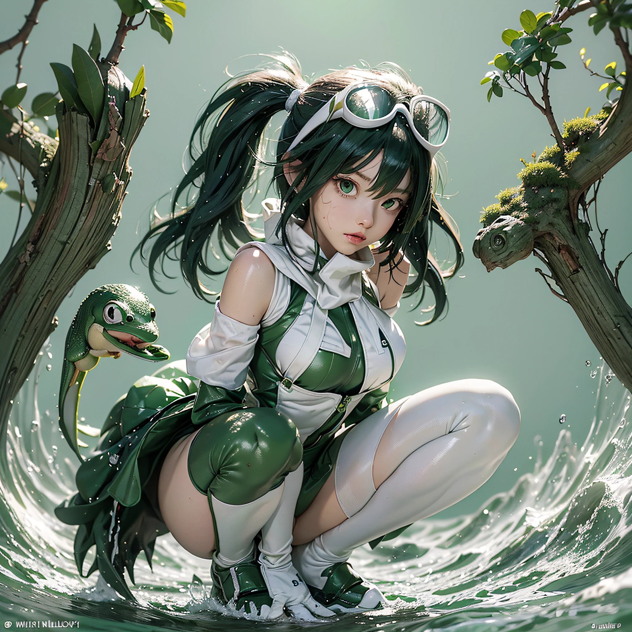 (masterpiece, best quality:1.1), (asui tsuyu:1), squatting, boku no hero academia, frog girl, green bodysuit, gloves, goggles, :>, (floating:1.1), (floating_hair:1.1), looking_at_viewer, (white background:1.5), (bottle bottom:0.9), mid shot, full body, water, splash, mana, lens_flare, --auto --s2