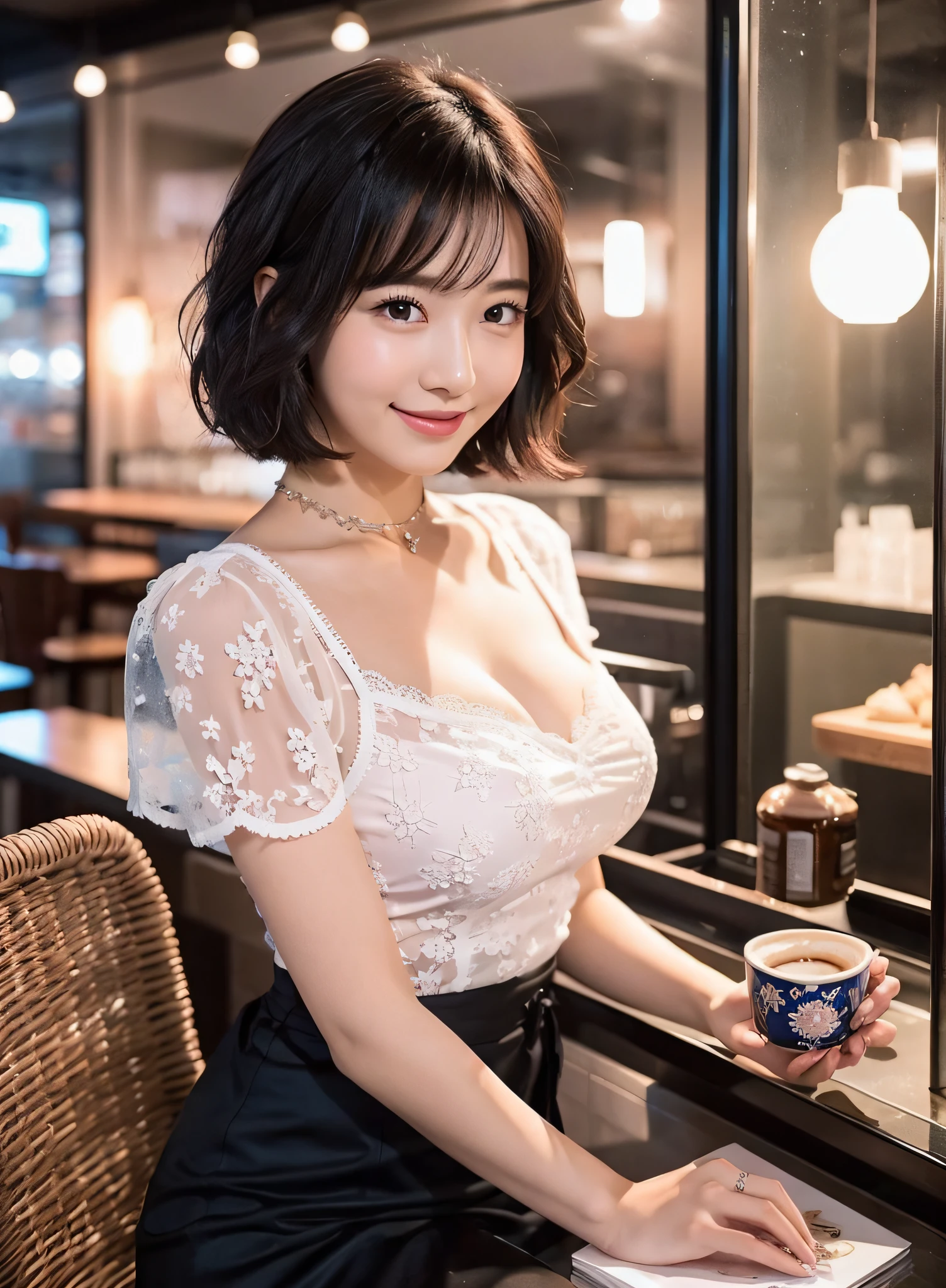 (16k, top quality, masterpiece: 1.2), (realistic, photorealistic: 1.37), super detailed, Japan person, 1 girl, black hair, cute, nice, adorable, beautiful detailed sky, detailed café, night, sitting, date, (blush), (smile: 1.15), (closed) big, big breasts, beautiful fine eyes, business wear, white lace, (short hair: 1.2), floating hair NovaFrogStyle,