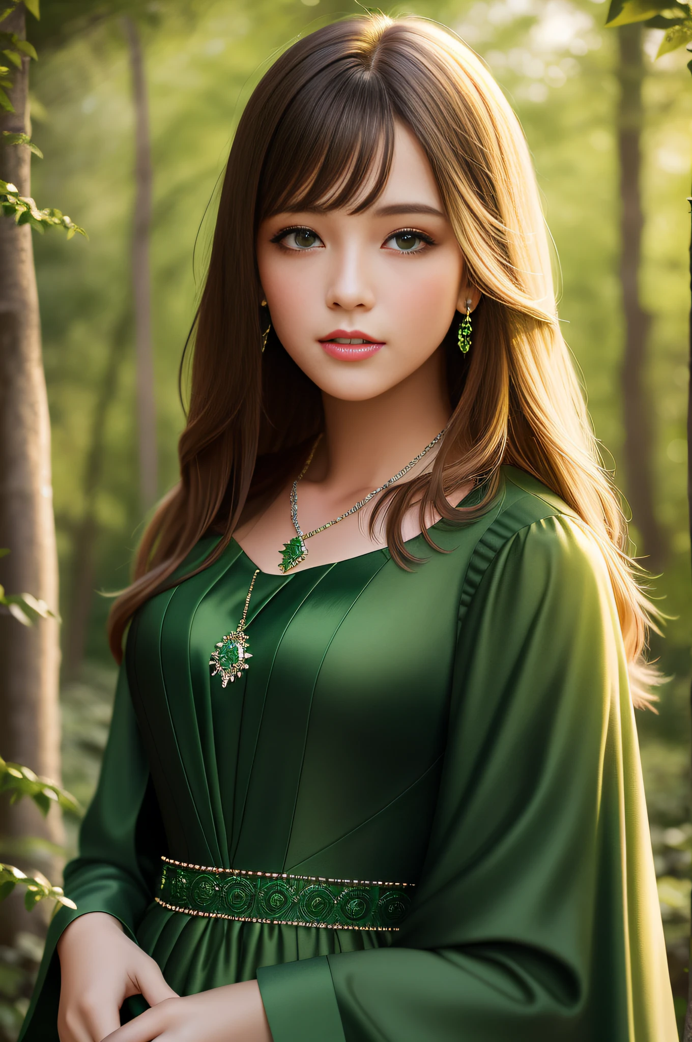 young woman with green eyes and long beautiful hair and a green dress in the woods, art by Abbott Handerson Thayer, fine detail, atmospheric, vivid tones, sharp focus, sharp edges, Beautiful simple emerald and diamonds necklace, detailed eyes, detailed face, looking into camera, intricate, night outfit, bokeh background, back lighting, realistic concept art, digital painting, rich 3d render, The entire face that is captured on screen, 16k