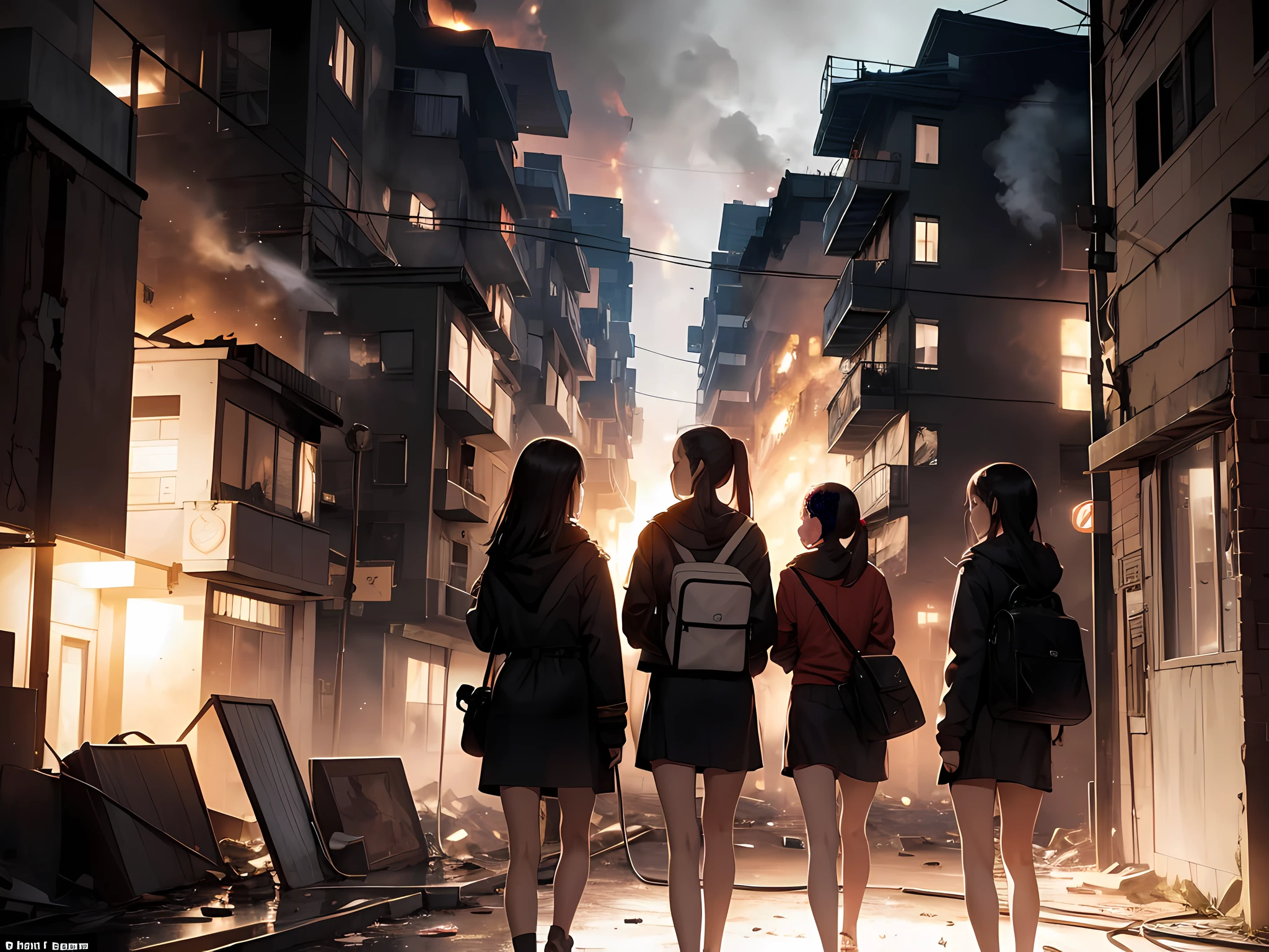 At night, a group of girls looked at the burning apartment in front of them and talked nervously