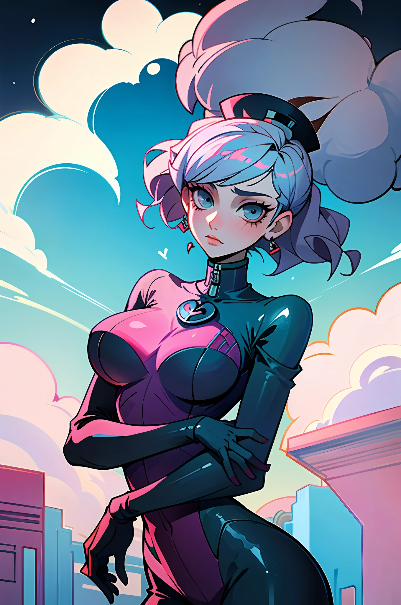 (best quality, masterpiece), colored, 1girl, cloudy sky, (cartoon: 1.5), sexy, big breast, a mythologic entity over her arms, persona 5 style, shin megami tensei style, city background