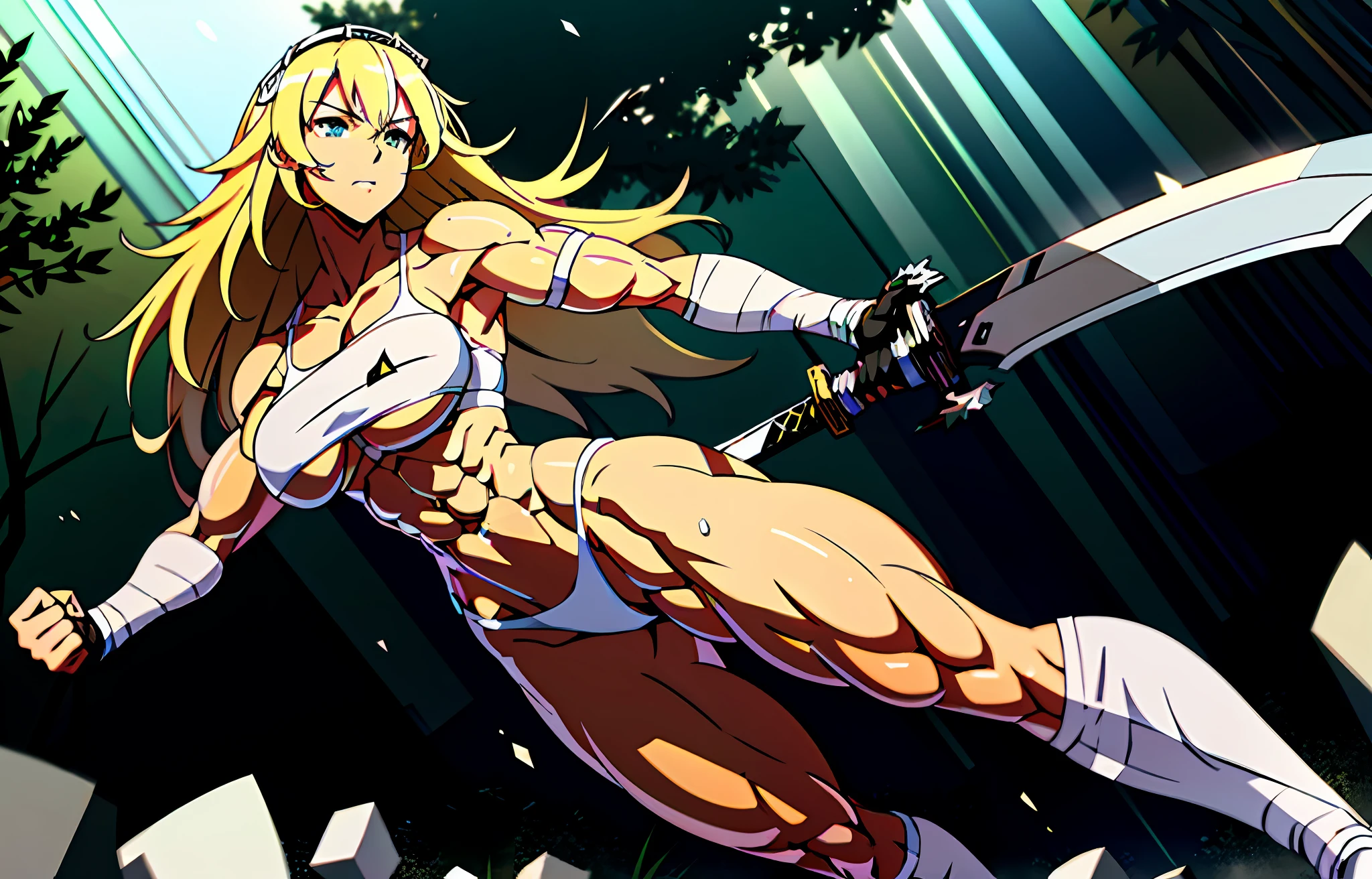 anime waifu bodybuilder, cute face, debatalho face, extremely detailed eyes, knight character, green eyes, perfect body, fit body, looking at the sword, character holding a sword, abdomen, large breasts, muscular, ((hair) long and blonde), sarashi white chest, sarashi, underboob, breasts bandages, arm bandages (insanely detailed, beautiful detailed face, masterpiece, best quality), (looking disgusted), konosuba, character A2,  (white and torn bandages on arms and legs), image taken from above, camera away, image with focus on the sword, high quality, white light clothes, sweat splattering, character on guard with sword, knight pose, sword with sharp blade with brightness, clear image, blue background, forest landscape, detailed image without errors