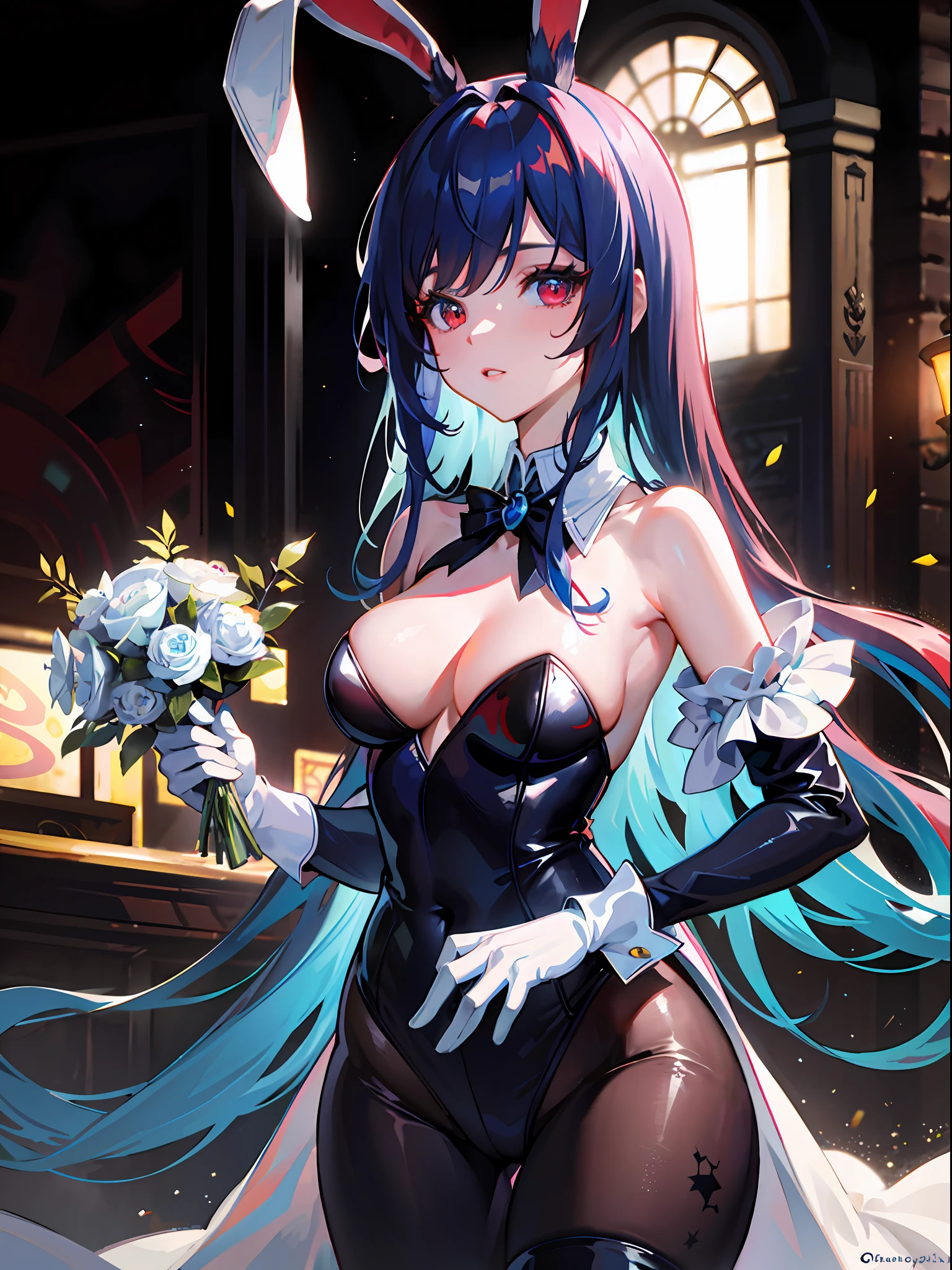 {{Masterpiece}}, best quality, ultra detailed CG Unity 8k wallpaper, movie lighting, lens flare, beautiful detail eyes, red eyes, blue hair, long hair, rabbit ears, white bunny girl, bare shoudlers, black gloves, bouquet,