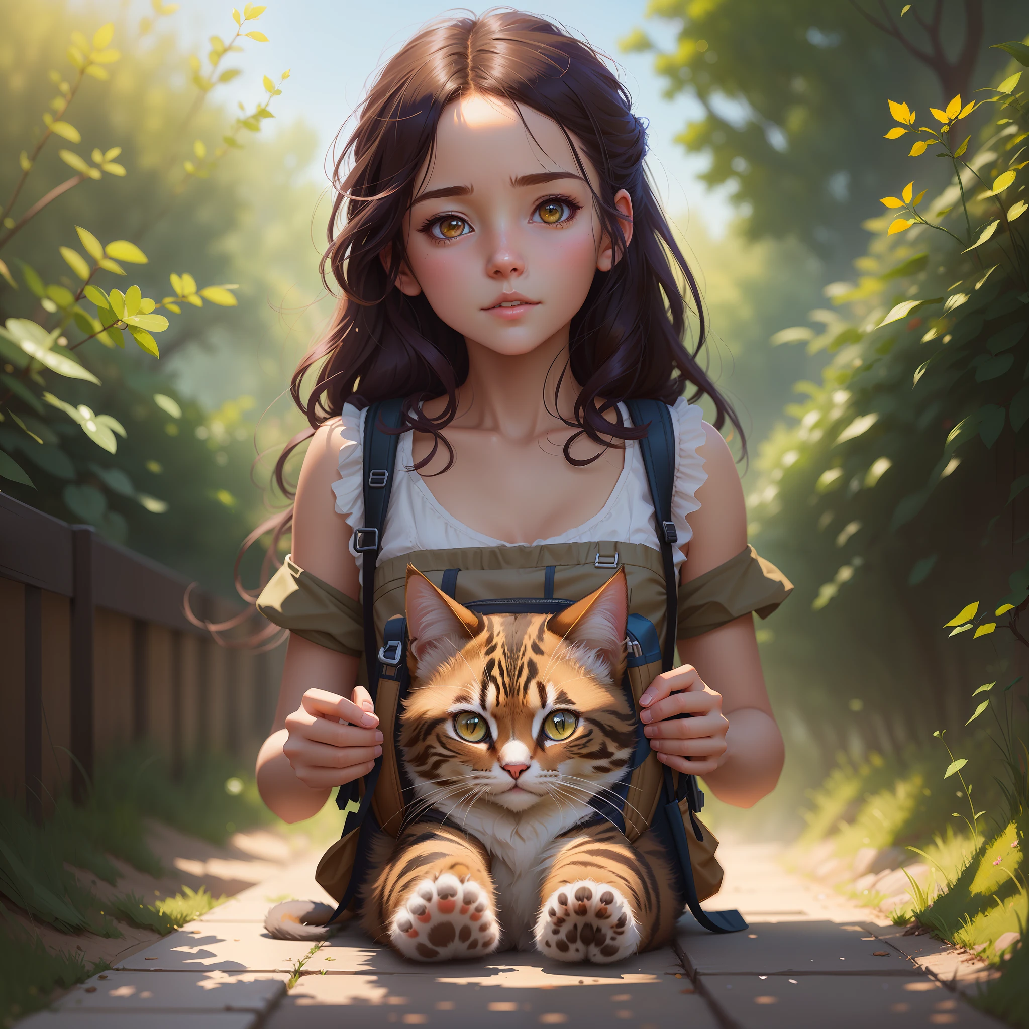 there is a girl holding a cat and a backpack on a path, adorable digital painting, cute detailed digital art, artwork in the style of guweiz, wlop and ross tran, beautiful digital artwork, realistic art style, very beautiful cute catgirl, realistic fantasy illustration, cute digital art, realistic digital art 4 k, realistic digital art 4k