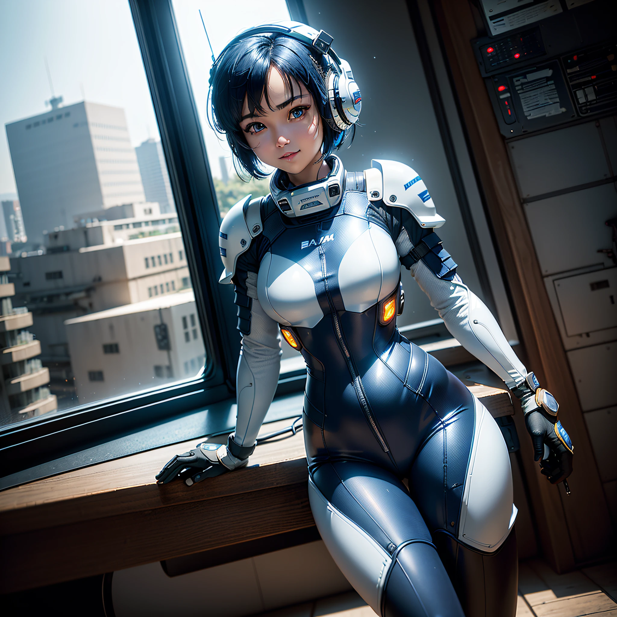 (Masterpiece, Best Quality, Best Resolution, Very Elaborate CG, Cinematic Lighting, Ray Tracing, Drop Shadows, Detail Detail, (Photorealistic), High Quality Textures, Realistic Look, Very Detailed, Sharp, High Quality, Leading Edge, Beautiful Rendering, Dramatic Pose, Detailed Shading): (Solo, Girl Alone, Japan face, short blue hair, cute girl face, short, small size breasts, sparkly blue eyes, eye level shots, pilot suit in white and blue color, tight-fitting clothes, clothes covering the whole body, light grin smile, beautiful, slim body, exoskeleton, heroine, headset, long boots, gloves, airplane control panel, tools, radar display, Touch panel, various indicators, levers, computer keyboard, mouse, warning light, fuel gauge, pressure gauge, base outside the window, control stick, thick manual, wireless communication device)