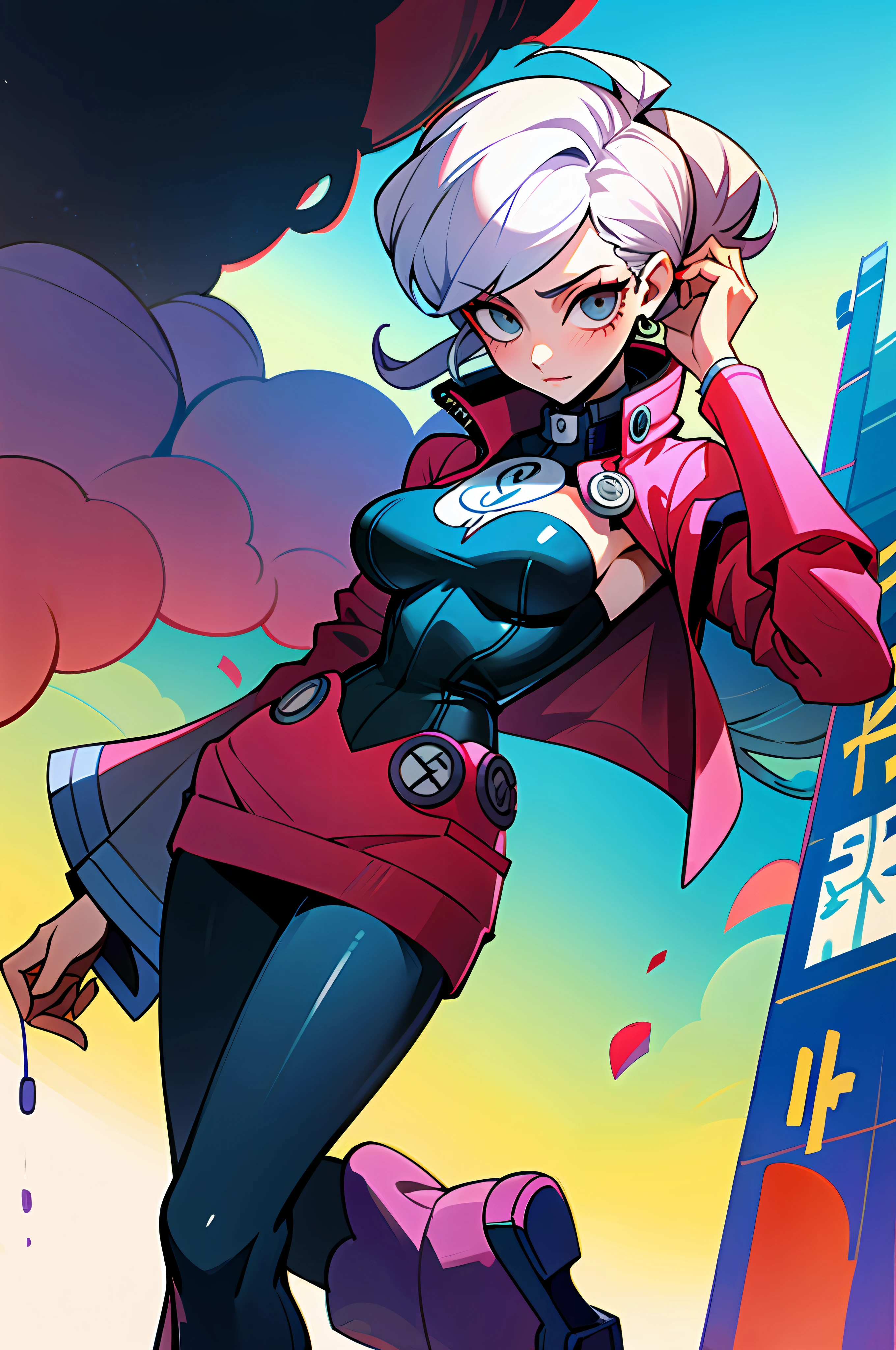 (best quality, masterpiece), colored, 1girl, cloudy sky, (cartoon: 1.5), sexy, big breast, a mythologic entity over her arms, persona 5 style, shin megami tensei style, city background