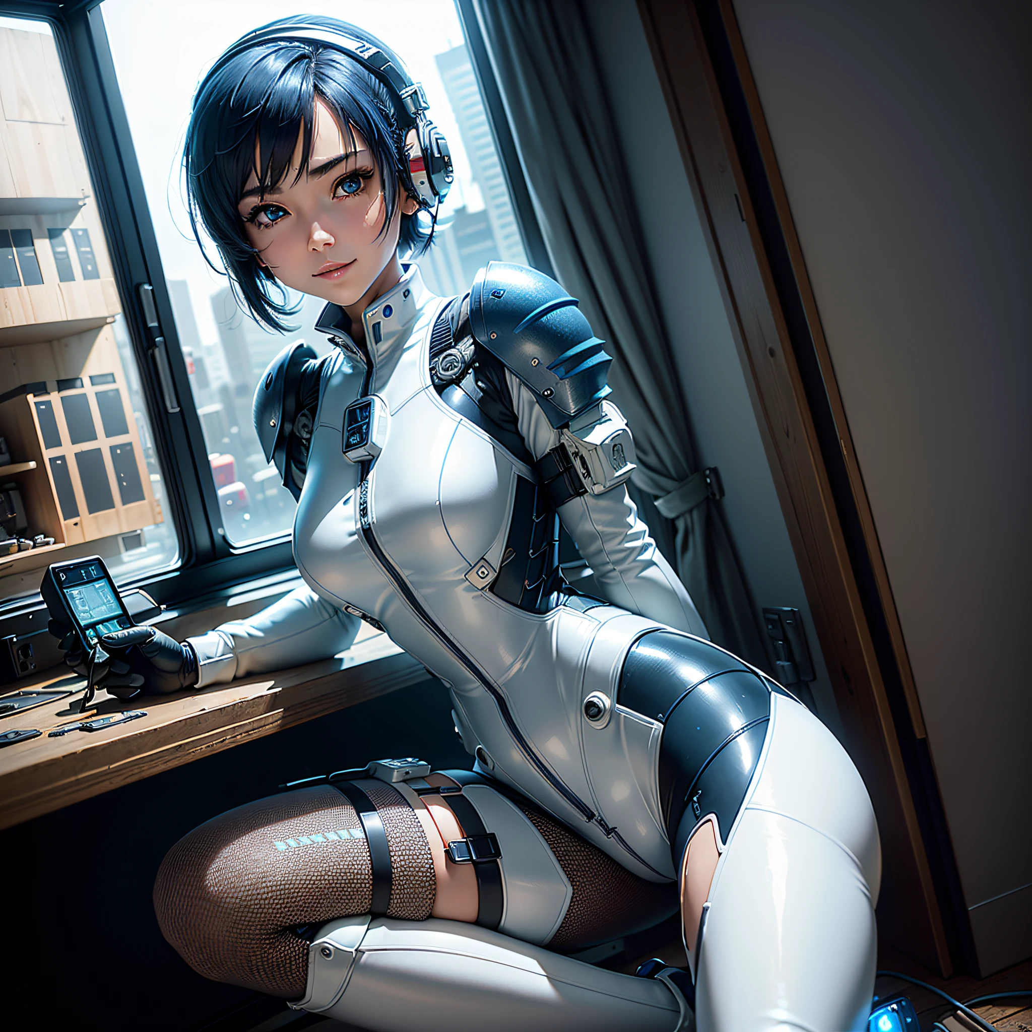 (Masterpiece, Best Quality, Best Resolution, Very Elaborate CG, Cinematic Lighting, Ray Tracing, Drop Shadows, Detail Detail, (Photorealistic), High Quality Textures, Realistic Look, Very Detailed, Sharp, High Quality, Leading Edge, Beautiful Rendering, Dramatic Pose, Detailed Shading): (Solo, Girl Alone, Japan face, short blue hair, cute girl face, short, small size breasts, sparkly blue eyes, eye level shots, pilot suit in white and blue color, tight-fitting clothes, clothes covering the whole body, light grin smile, beautiful, slim body, exoskeleton, heroine, headset, long boots, gloves, airplane control panel, tools, radar display, Touch panel, various indicators, levers, computer keyboard, mouse, warning light, fuel gauge, pressure gauge, base outside the window, control stick, thick manual, wireless communication device)