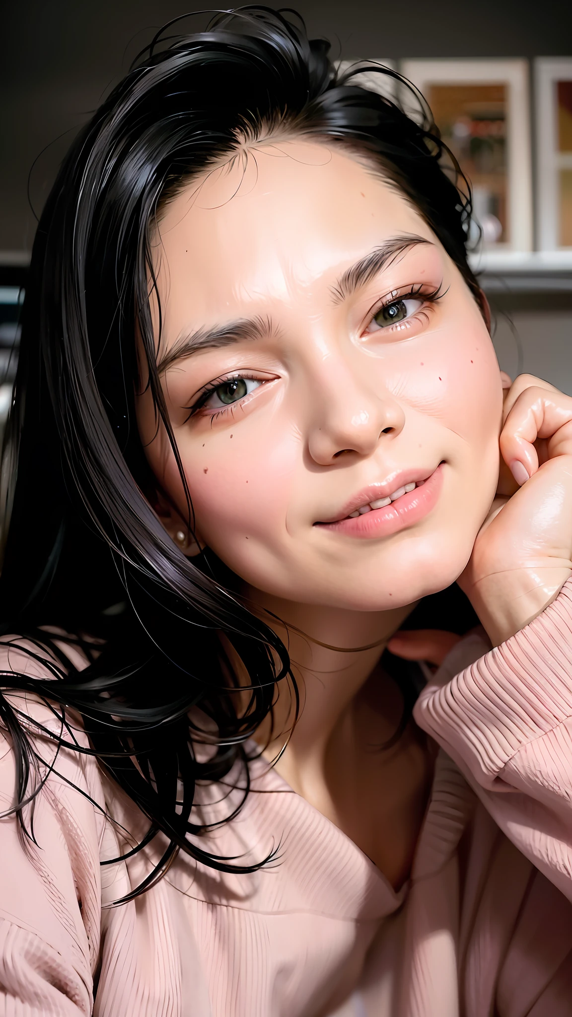 Woman with a pink sweatshirt, portrait, black hair, 40 years old, cafeteria setting. 4k, black eye