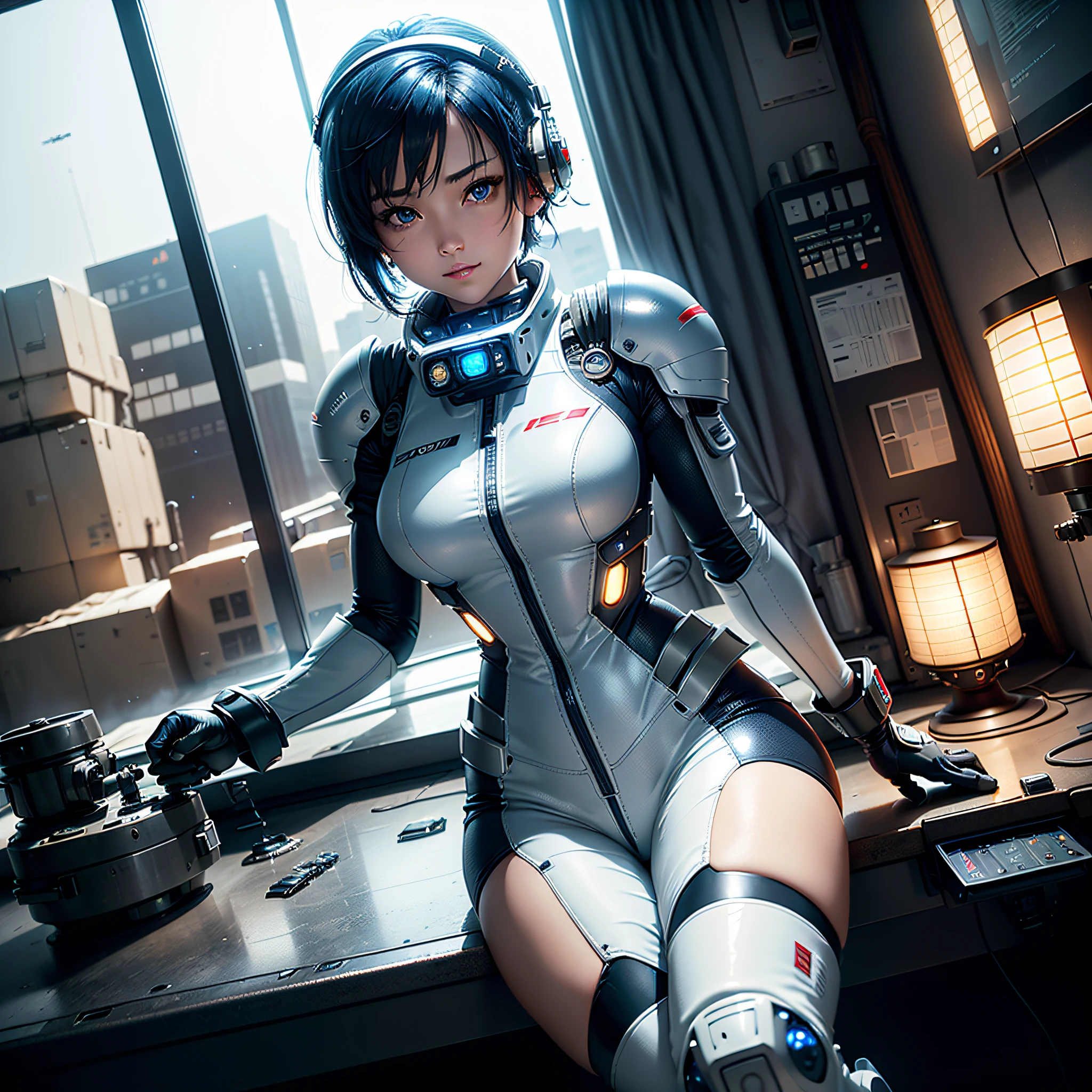 (Masterpiece, Best Quality, Best Resolution, Very Elaborate CG, Cinematic Lighting, Ray Tracing, Drop Shadows, Detail Detail, (Photorealistic), High Quality Textures, Realistic Look, Very Detailed, Sharp, High Quality, Leading Edge, Beautiful Rendering, Dramatic Pose, Detailed Shading): (Solo, Girl Alone, Japan face, short blue hair, cute girl face, short, small size breasts, sparkly blue eyes, eye level shots, pilot suit in white and blue color, tight-fitting clothes, clothes covering the whole body, light grin smile, beautiful, slim body, exoskeleton, heroine, headset, long boots, gloves, airplane control panel, tools, radar display, Touch panel, various indicators, levers, computer keyboard, mouse, warning light, fuel gauge, pressure gauge, base outside the window, control stick, thick manual, wireless communication device)