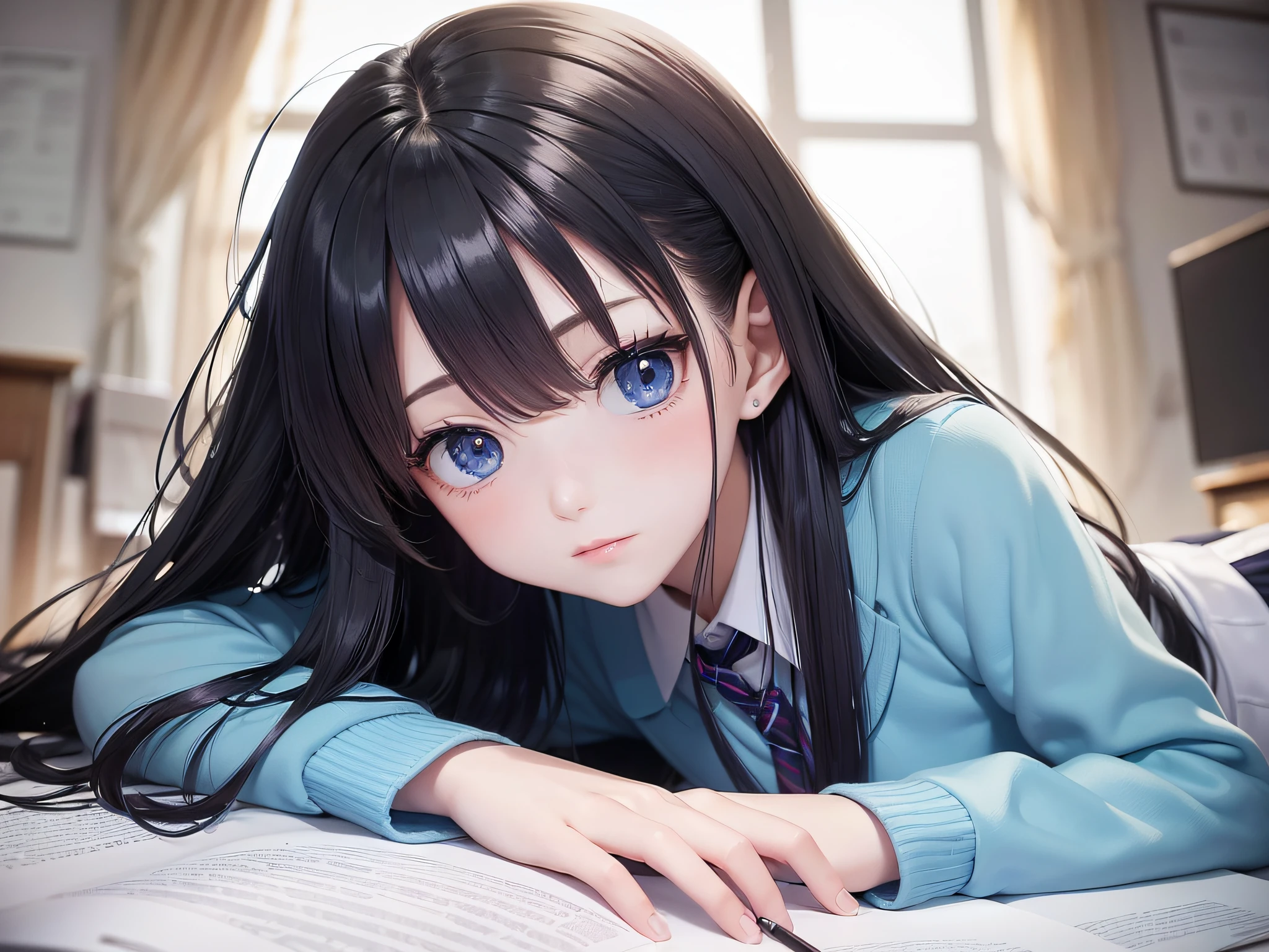 Anime girl with long black hair laying on a bed with a book - SeaArt AI