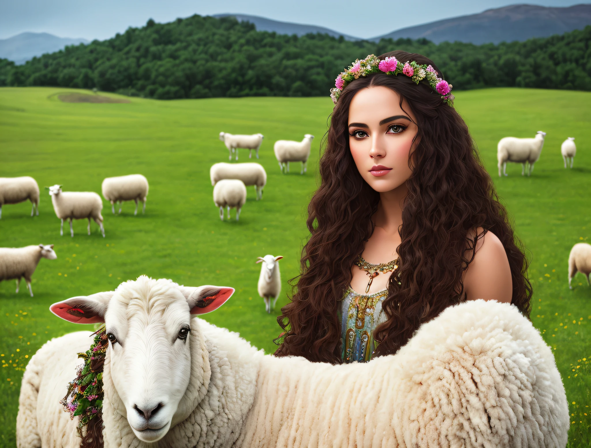 A photorealistic portrait of a woman from Greek mythology on a farm with sheep pasture in the backgroundof insanely beautiful perfect body dressed as Greek goddess, a color photo by Jesse Richards, instagram contest winner, maximalism, feminine, extremely beautiful, photography, detailed symmetrical realistic face, extremely detailed natural texture, fuzz peach, long hair, masterpiece, absurdists, nikon d850 film stock photography,  kodak portra 400 camera f1.6 lens, extremely detailed, amazing, fine details, hyper realistic texture, dramatic lighting, unrealengine, trend in artstation, cinestill 800 tungsten, looking at the viewer, realistic photo, RAW photo, TanvirTamim, high quality, highres, sharp focus, extremely detailed, cinematic lighting, 8k uhd, -imagine-