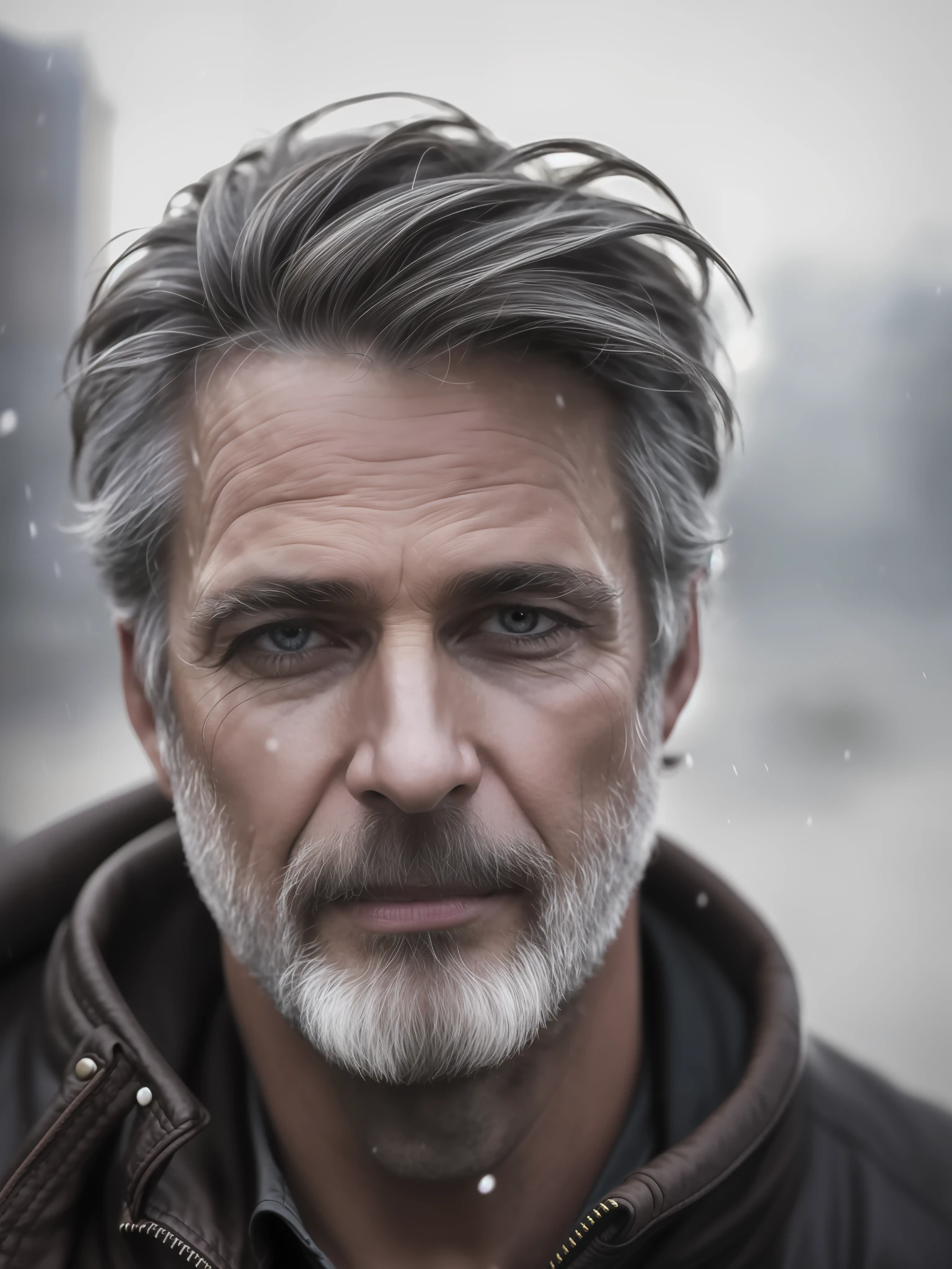 Realistic photography, closeup of male 55yo dirty, gray hair, focus on eyes, 50 mm f/1.4, hdr masterpiece,dramatic lighting, epic, hair in wind,  wearing leather , light snowing, post apocalyptic city,  year 2590
