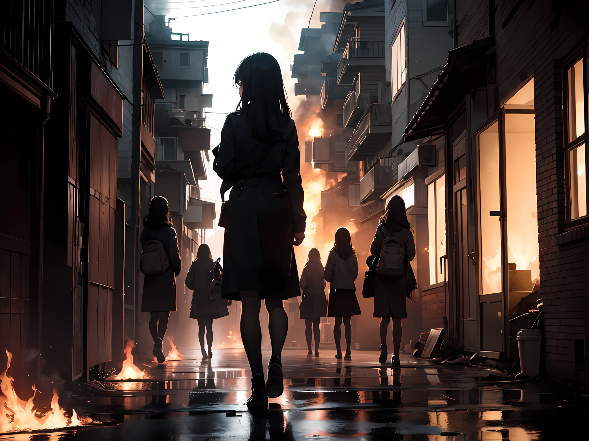 At night, a group of girls look at the burning apartment ahead with fear on their faces