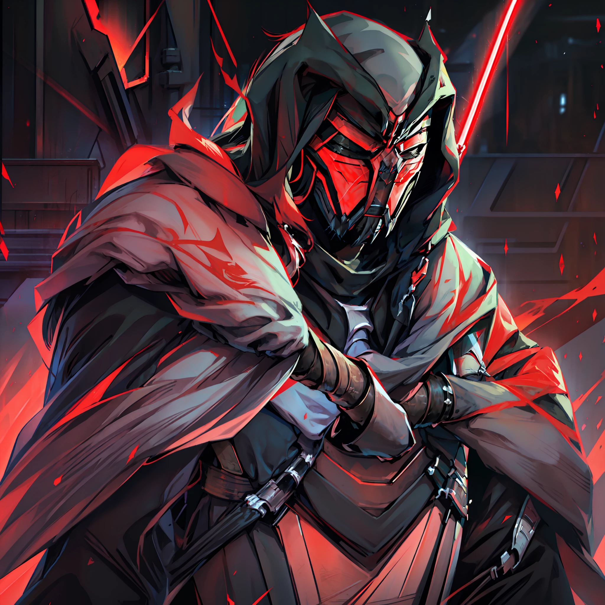 Star Wars Sith model, a man, zabrak race, mask ornamented with white and red, mask eyes closed, 2 red kyber crystals on the mask, small and worn horns, black torn overcoat, 1 red lightsaber in each hand, dark and red aura around the character.