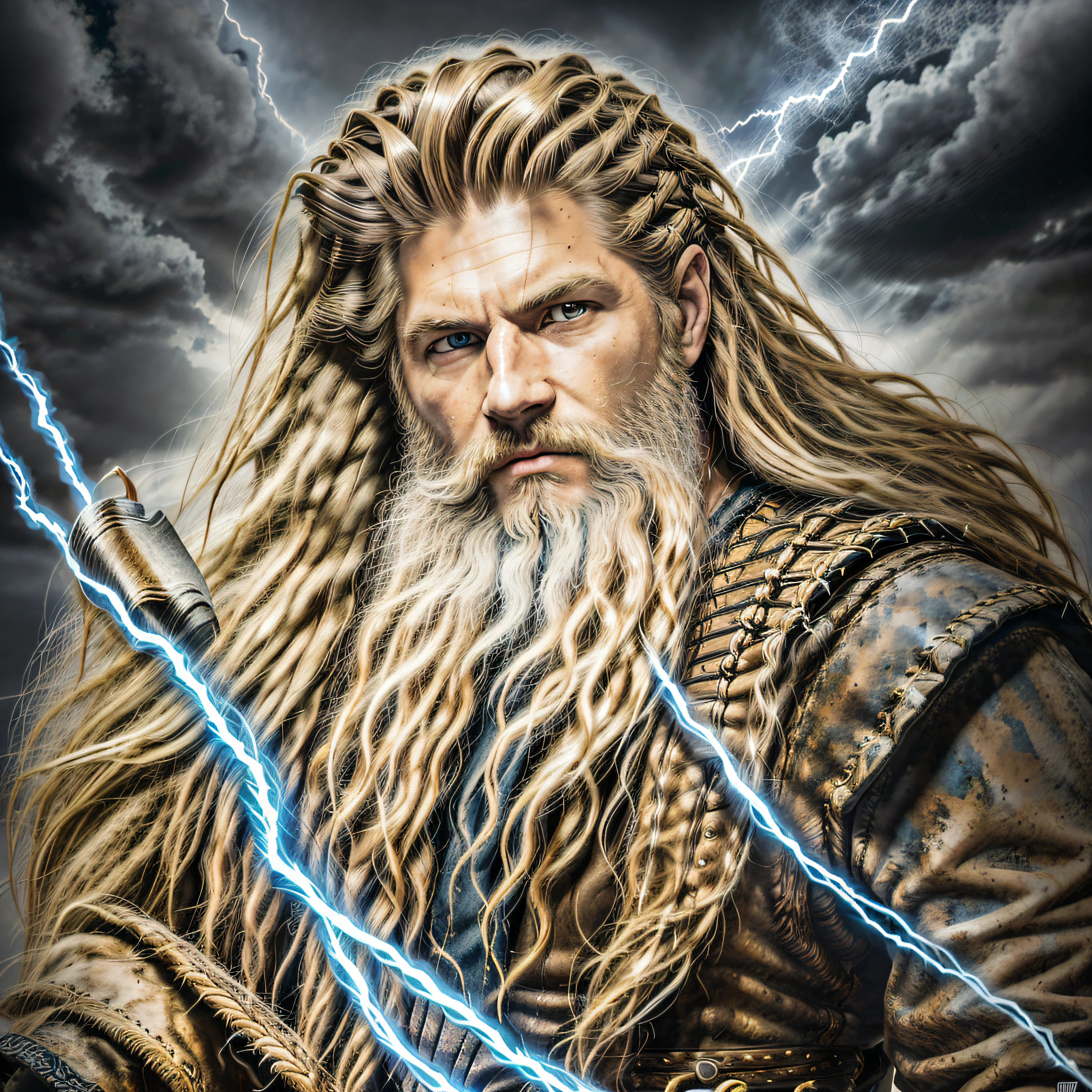 a man with long hair and a beard standing in front of lightning, painted portrait of rugged zeus, furious god zeus, the god of thunder, portrait of rugged zeus, the god zeus, god of thunder, painted portrait of rugged odin, portrait zeus, godrays digital painting, the god poseidon, the allfather, black thor, by Drew Tucker --auto --s2