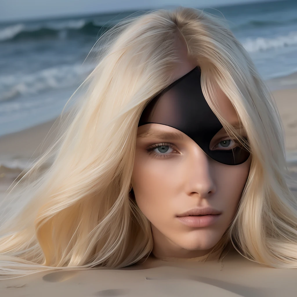BALENCIAGA 1 woman lying on beach sand, flowing long blonde hair, bangs, blonde hair, black suit, black outfit, crisp face, slim face, skinny beautiful face, dark beach, deep shadows, apocalyptic, no light, model, no eyebrow, dark deserted beach, night, looking at the viewer, dark dark beach, no light, dark