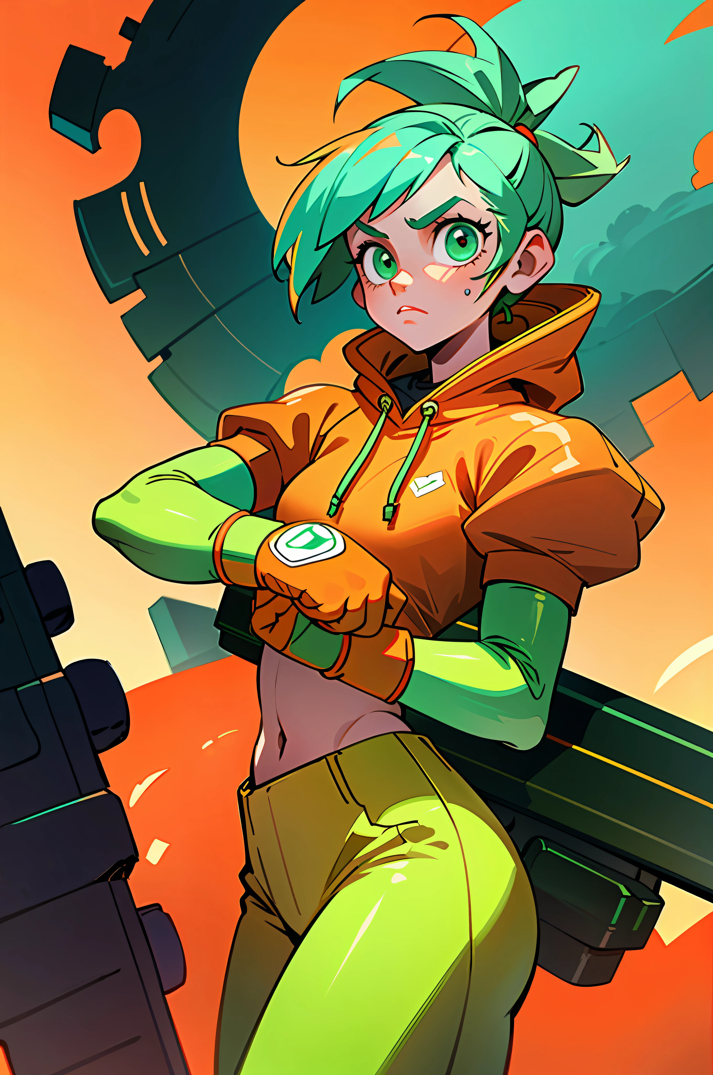 (Best Quality, Masterpiece), green and orange, 1Girl, Cyberpunk, Sweatshirt, Neon, Cloudy Sky, (Cartoon: 1), metallic boxing gloves