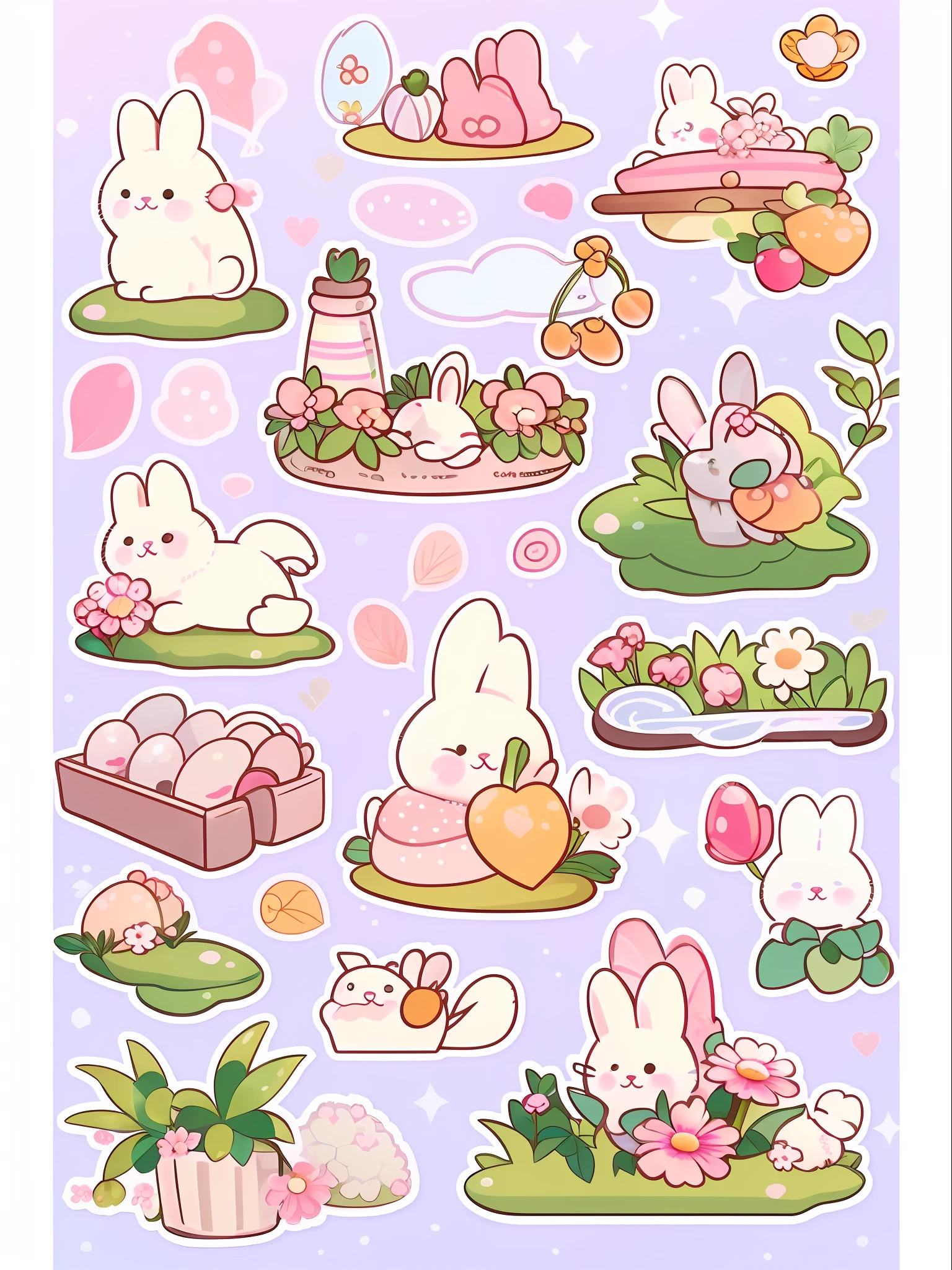 a close up of a bunch of stickers with animals and flowers, sticker sheet, unused sticker sheet, kawaii cutest sticker ever, bunnies, a forest with bunnies, stickers, telegram sticker design, kawaii japanese style, stickers illustrations, japanese kawaii style, kawaii aesthetic, inspired by Kanbun Master, designed for cozy aesthetics!, sticker illustration, seasons!! : 🌸 ☀ 🍂 ❄, rabbits