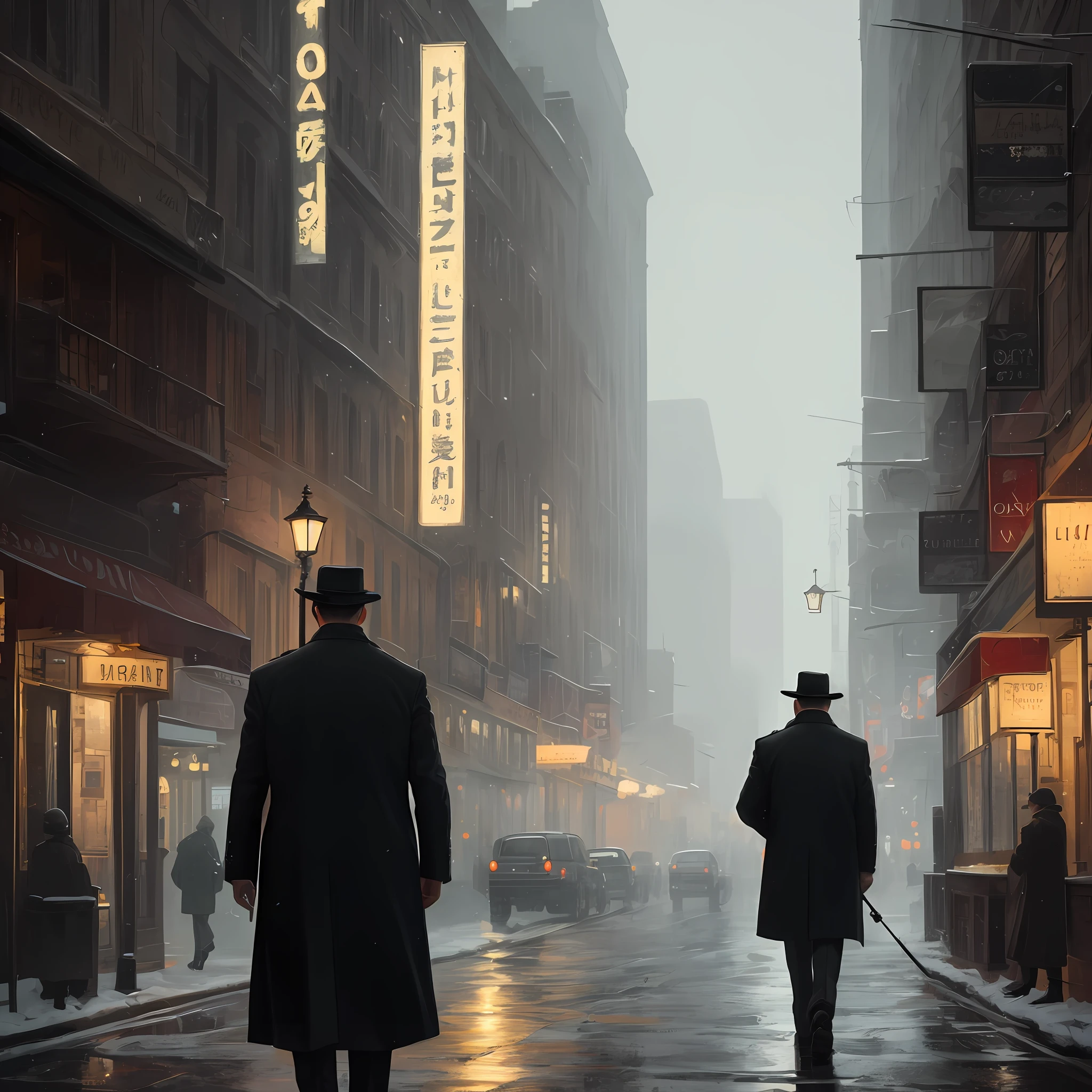 (masterpiece,best quality: 1.2), detailed face, (muted colours:1.2, dark studio, rim lighting, two tone lighting, dimly lit, low key, ),
a poster for a 1930s \(style\), noir detective movie,(noir atmosphere:1), gloomy atmosphere, emphasis on noir colors,
the 1930s (/style/),detective put on his coat and headed out into the cold night air, ready to follow the clues wherever they led,
trending on ArtStation, trending on CGSociety, Intricate, High Detail, dramatic, photorealistic painting art by midjourney and greg rutkowski,