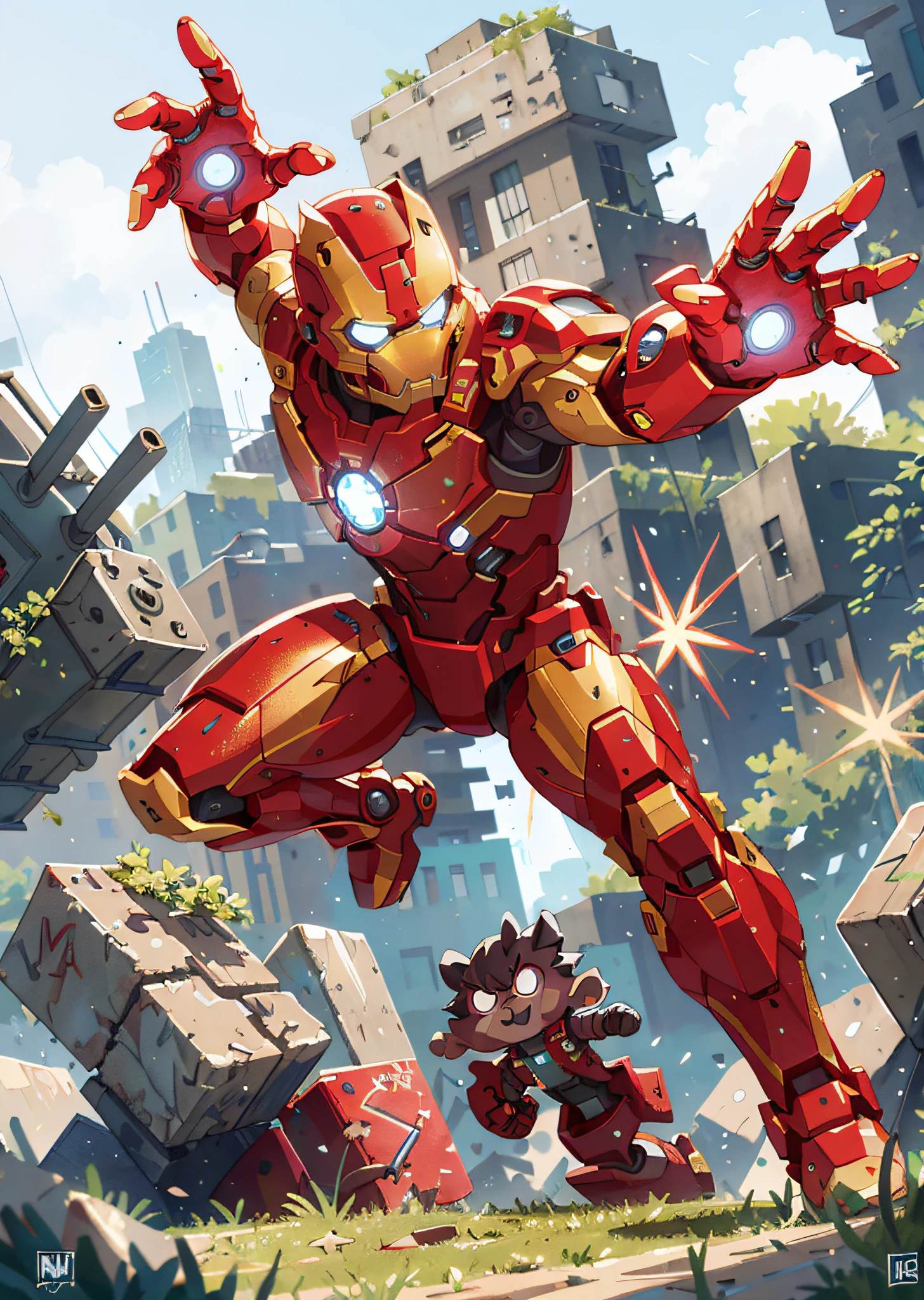 (extremely detailed CG unity 8k wallpaper,masterpiece, best quality, ultra-detailed),(best illumination, best shadow, an extremely delicate and beautiful),floating,(man),(IronMan suit,(red and gold armor:1.2+silver and black armor:1.1),(energy shield:1.3+repulsor beam),(burning exhaust),(night sky),(smoke and fire),(industrial setting),(electricity sparks:1.1),(aesthetic graffiti in the background)+artistic urban art),(gritty yet futuristic),pt