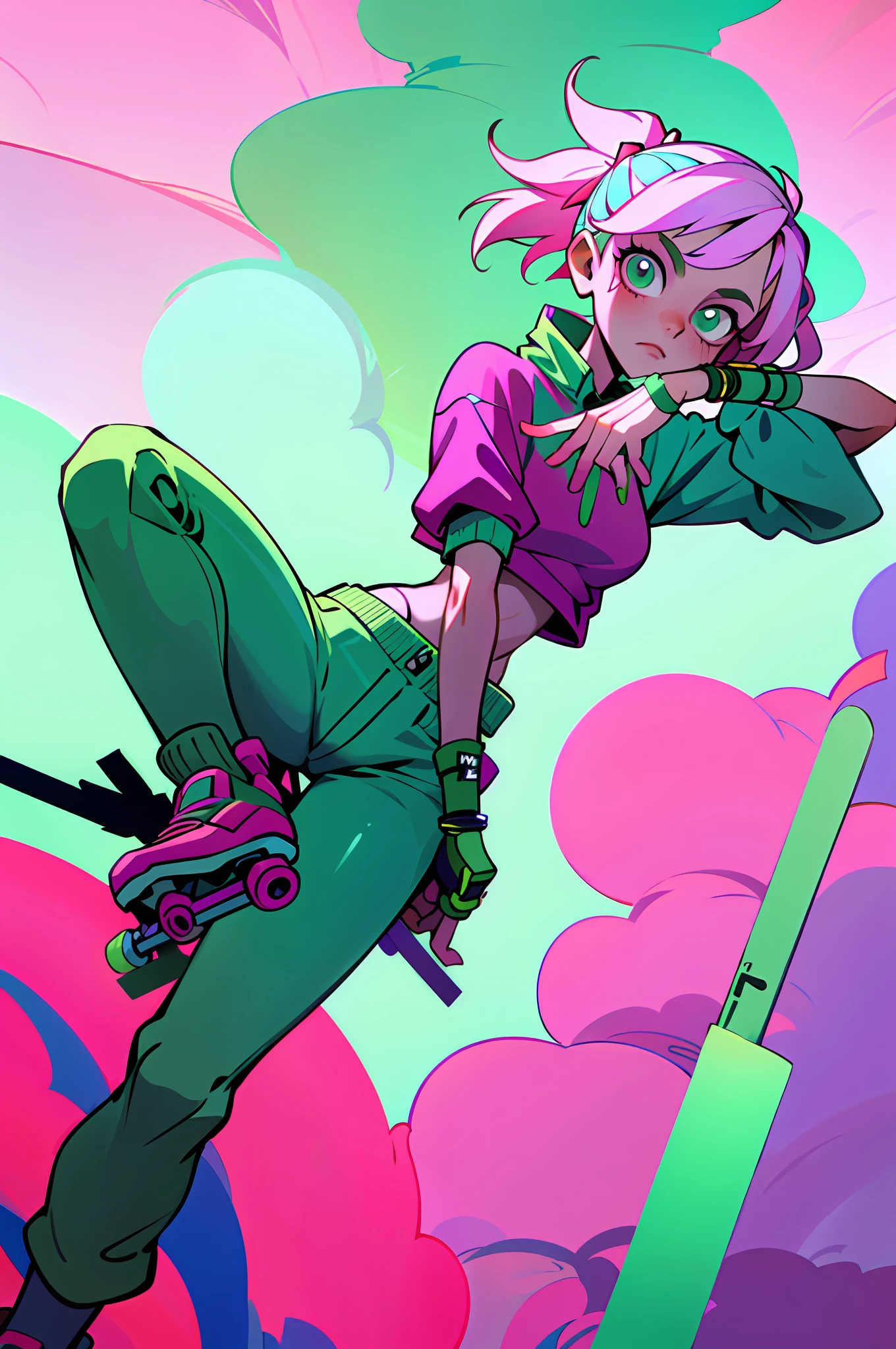 (Best Quality, Masterpiece), green and pink, 1Girl, Cyberpunk, Sweatshirt, Neon, Cloudy Sky, (Cartoon: 1), skating with rollerblades