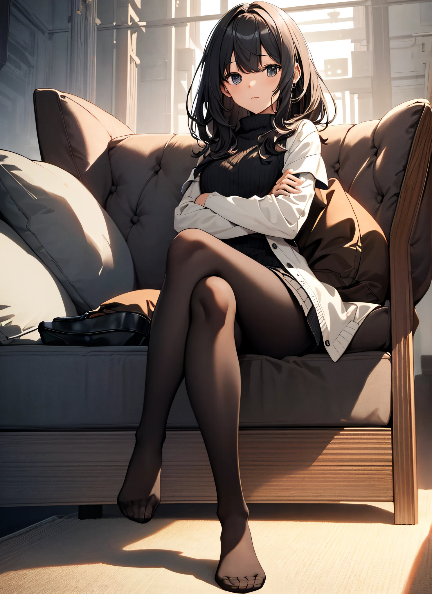 {{masterpiece}},illustration,best quality,extremely detailed CG unity 8k wallpaper,1girl_solo, full_body, from_below, looking_at_viewer, looking_down, sitting,arms behind back,(crossed_legs: 1.5), (black pantyhose: 1.3), (no shoes:1.3),sofa,