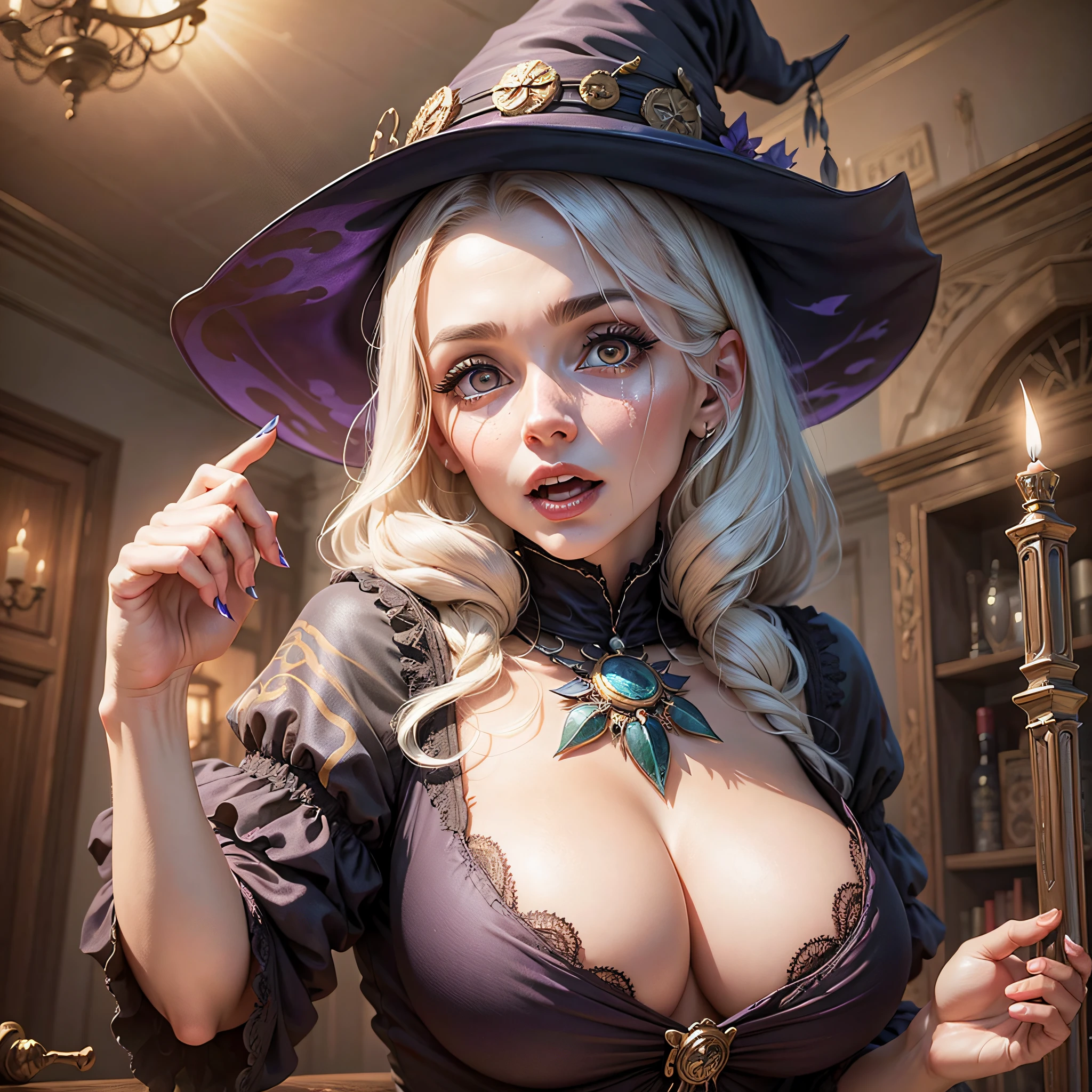 A beautiful witch storyteller, present in a scary room, detail for the breasts and sensuality --auto --s2