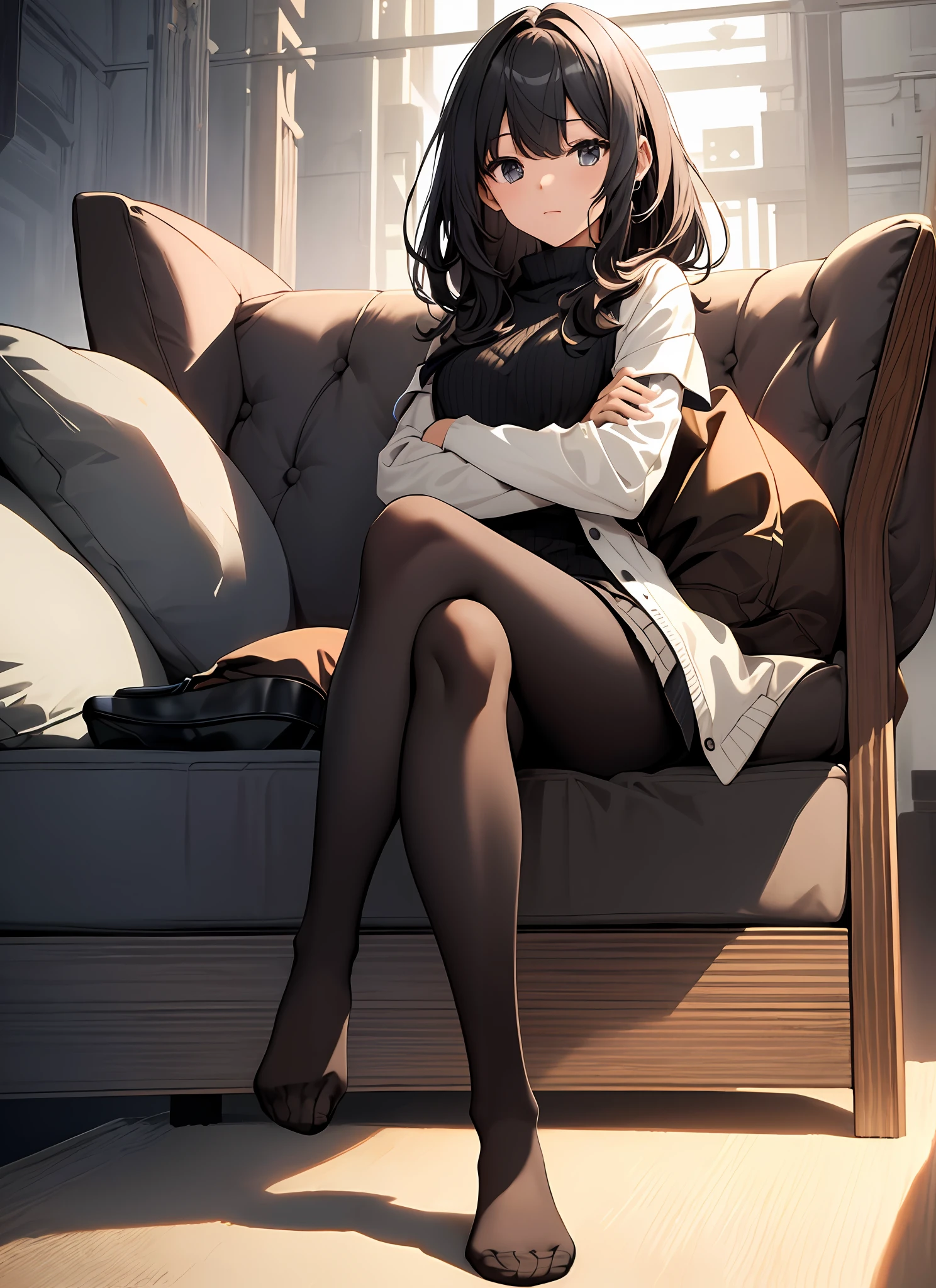 {{masterpiece}},illustration,best quality,extremely detailed CG unity 8k wallpaper,1girl_solo, full_body, from_below, looking_at_viewer, looking_down, sitting,arms behind back,(crossed_legs: 1.5), (black pantyhose: 1.3), (no shoes:1.3),sofa,