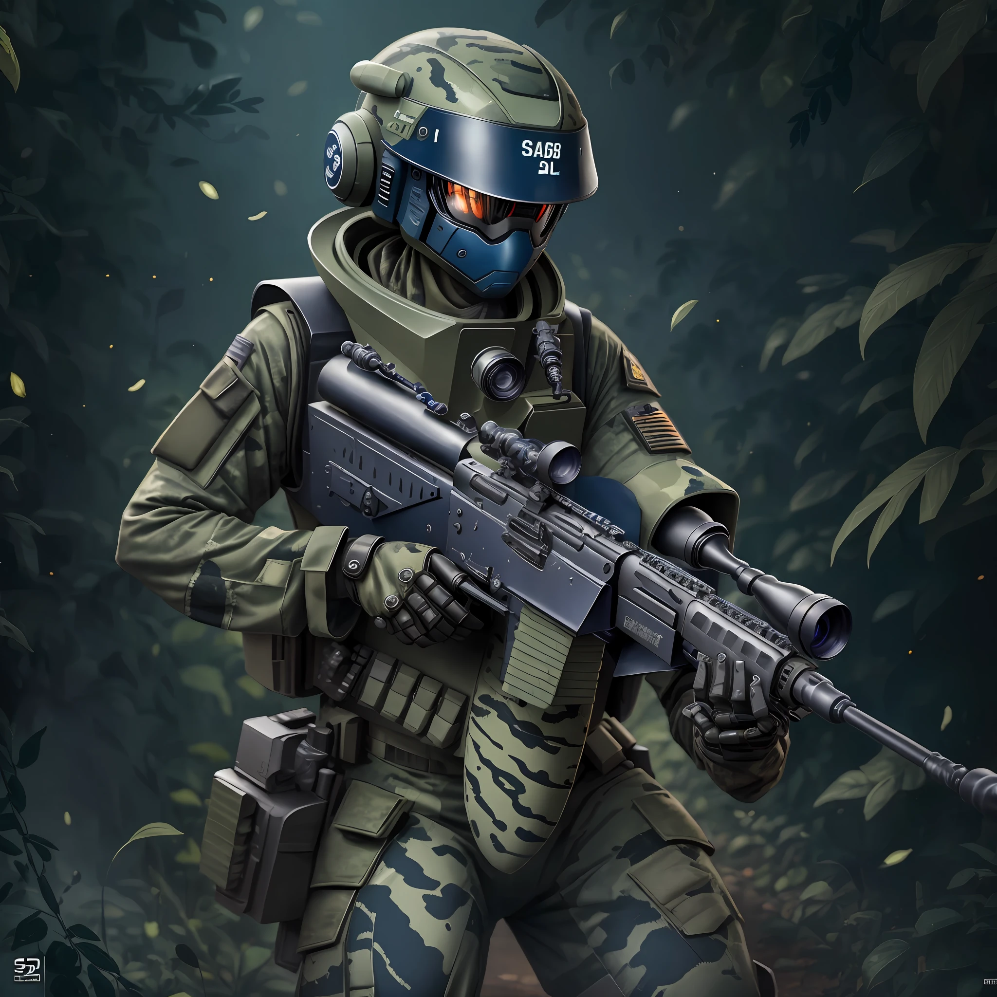 A futuristic robotic gecko camouflaged in a tactical forces navy uniform aiming with a sniper --auto --s2