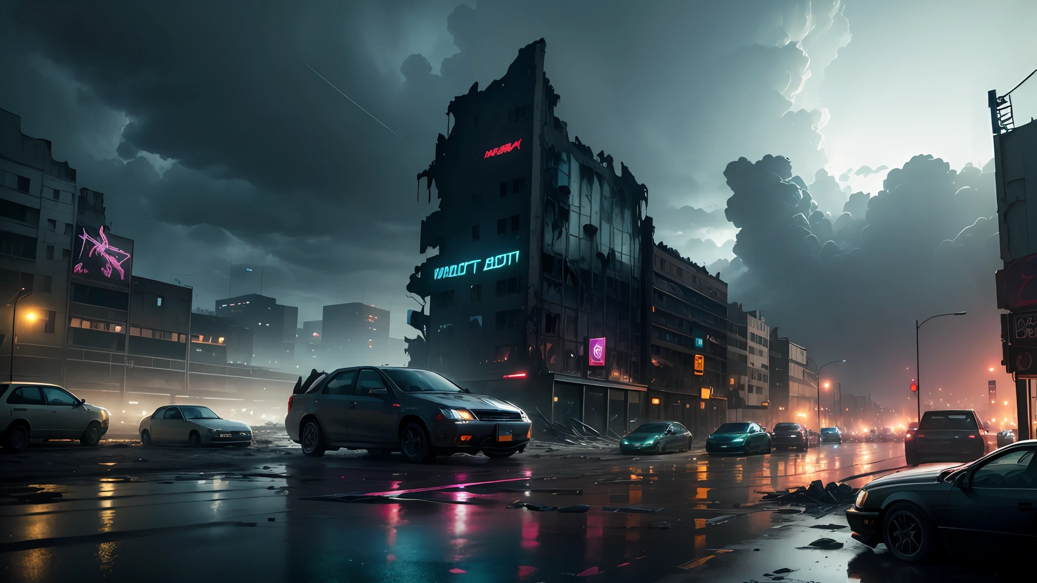 night, within view of the destroyed city, ruins, dark cloud, many broken cars, no humans, rainy day, neon colors in the details, neon billboards, ((apocalyptic)), (masterpiece:1.3), (best_quality:1.3), (ultra_detailed:1.3), 8k, extremely_clear, realism, (ultrarealistic:1.3),